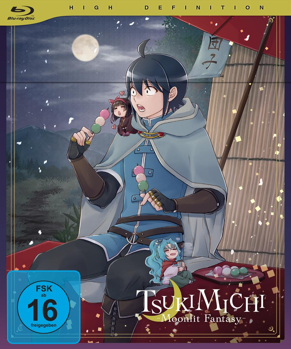 Anime-Cover mit einem Mann, der Dango hält. Zwei kleine Figuren sitzen auf ihm. Ein Vollmond, ein roter Schirm und Text sind in der Szene.