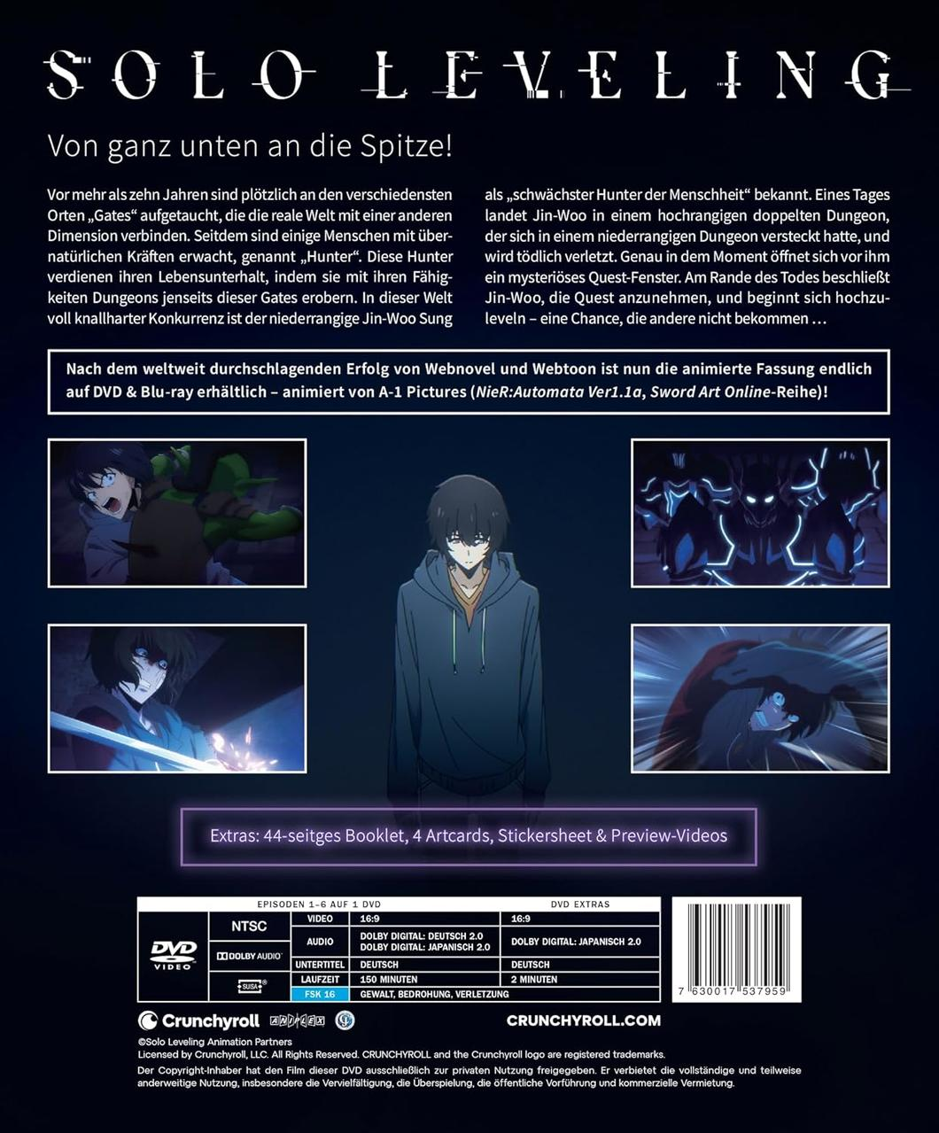 DVD-Cover. Text: Solo Leveling. Mann im Zentrum, Anime-Bilder. Unten: DVD-Infos, Crunchyroll-Logo.