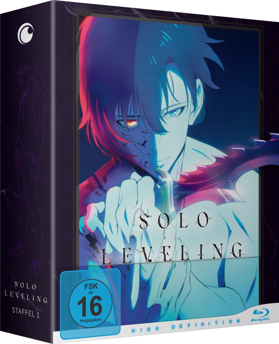 Anime-Blu-ray-Box-Art. Ein geteiltes Gesicht eines Mannes mit blauen Haaren und rotem Auge. Der Titel "Solo Leveling" ist sichtbar.