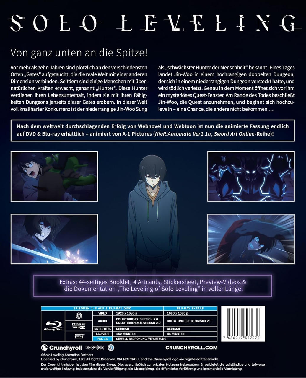 Blu-ray-Cover für Solo Leveling. Es zeigt einen Mann in einem blauen Kapuzenpullover und Text auf Deutsch. Der Hintergrund ist dunkel.
