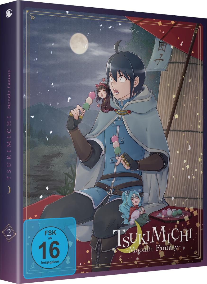 Anime-Cover: Mann isst Dango, umgeben von Figuren, unter Mondschein. Titel: Tsukimichi - Moonlit Fantasy.