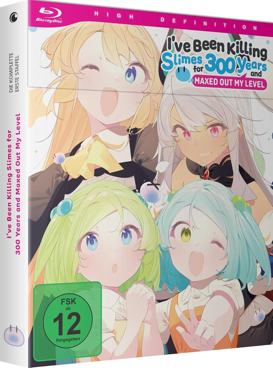 Anime-Box-Art. Vier Mädchen mit bunten Haaren. Titel lautet: Ich habe 300 Jahre lang Schleime getötet und mein Level maximiert.