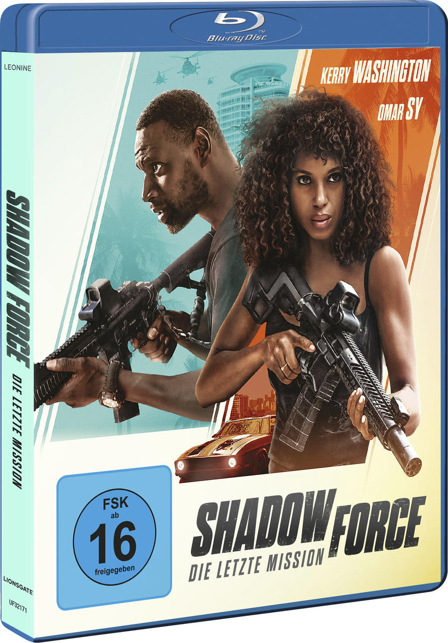 Filmcover: Kerry Washington und Omar Sy halten Waffen. Titel ist Shadow Force Die Letzte Mission. Hubschrauber und Auto sichtbar.