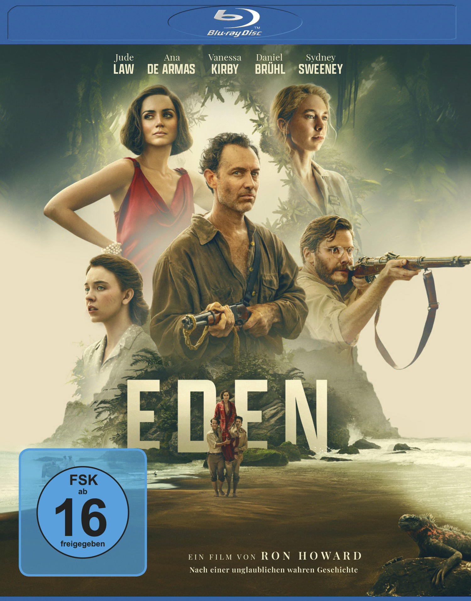 Kinoposter für Eden. Zeigt die Schauspieler Jude Law, Ana de Armas und andere. Enthält ein Blu-ray Disc Logo und eine Altersfreigabe ab 16 Jahren.