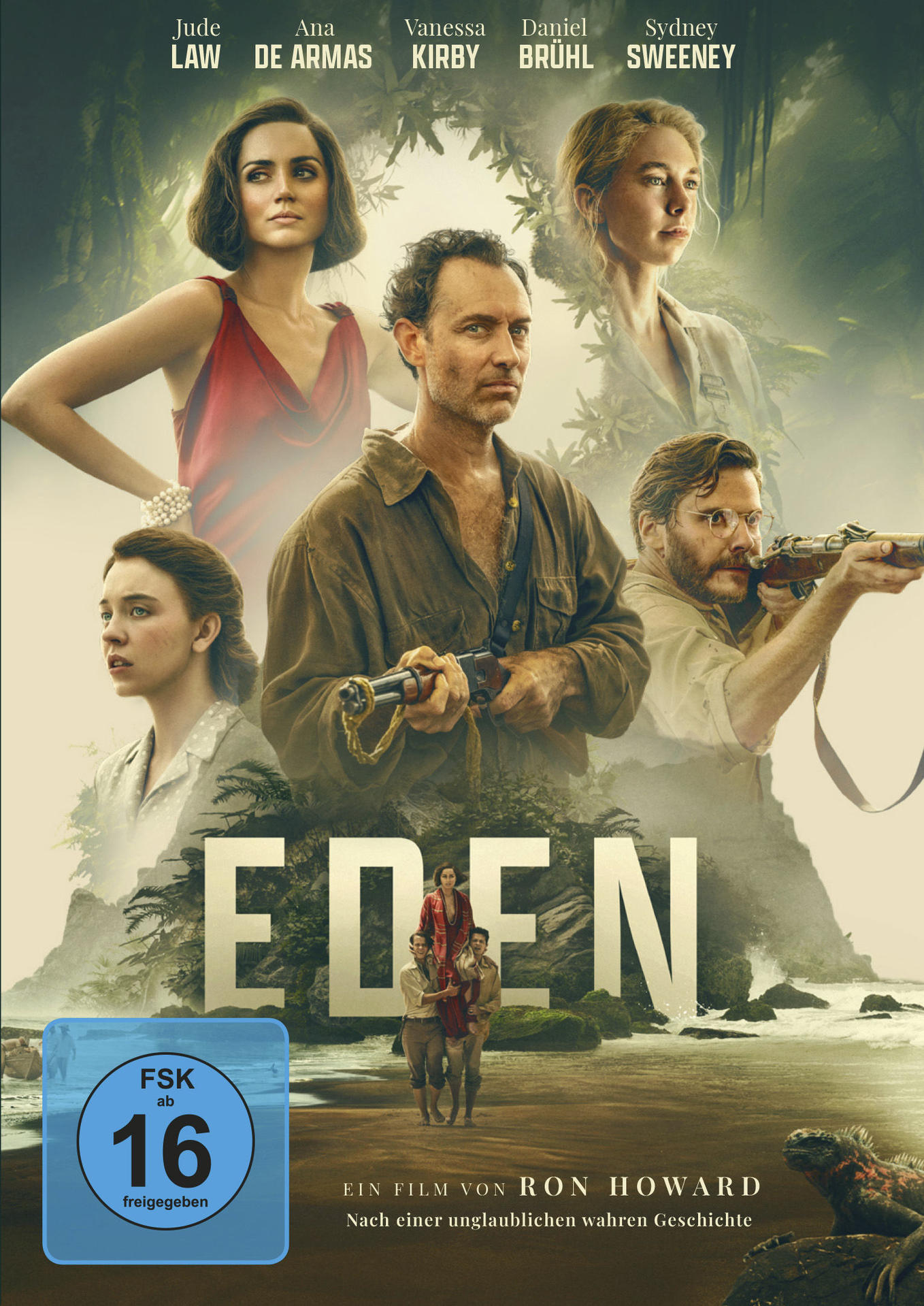 Filmposter. Schauspieler sind zu sehen. Der Titel lautet "EDEN". Ein Mann hält ein Gewehr. Dschungel Hintergrund. FSK 16.