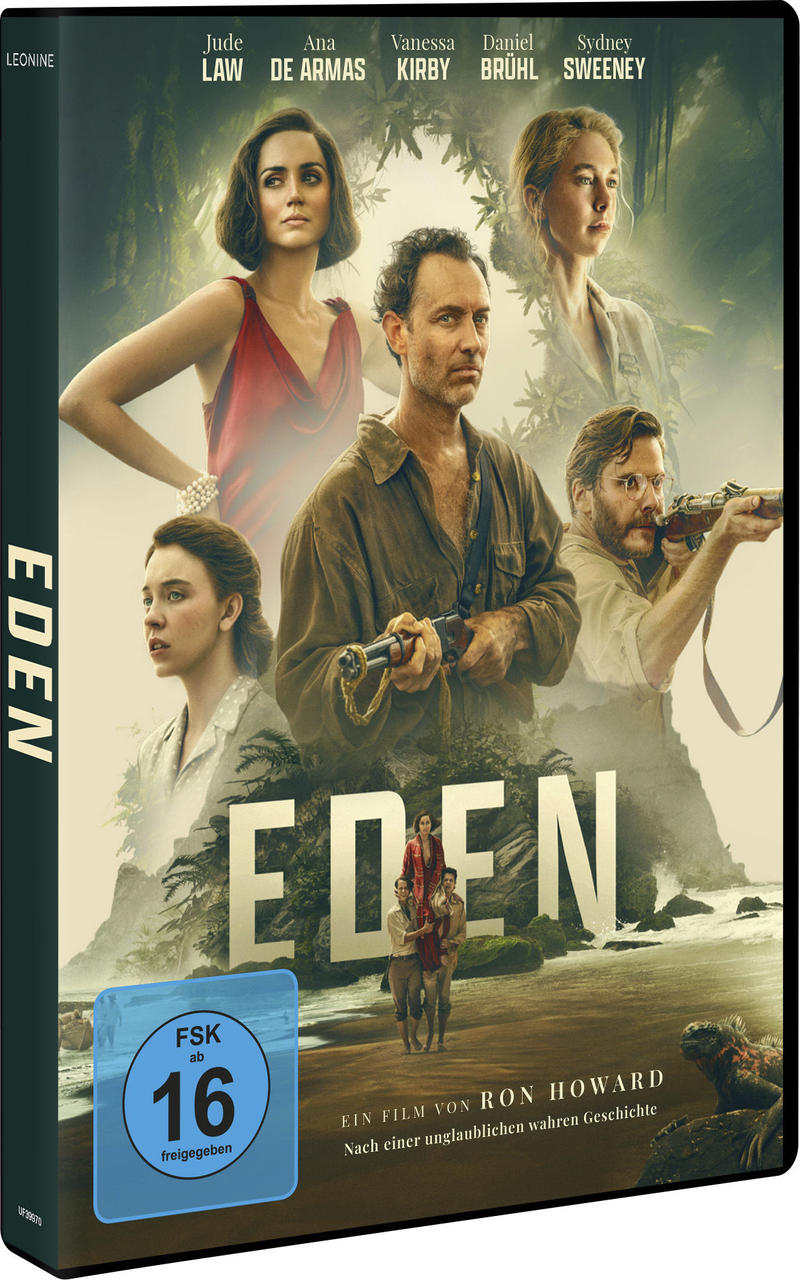 Filmcover mit Besetzung: Jude Law, Ana de Armas. Titel: EDEN. Zeigt Menschen in einer Dschungelkulisse. Enthält ein Bewertungssymbol.