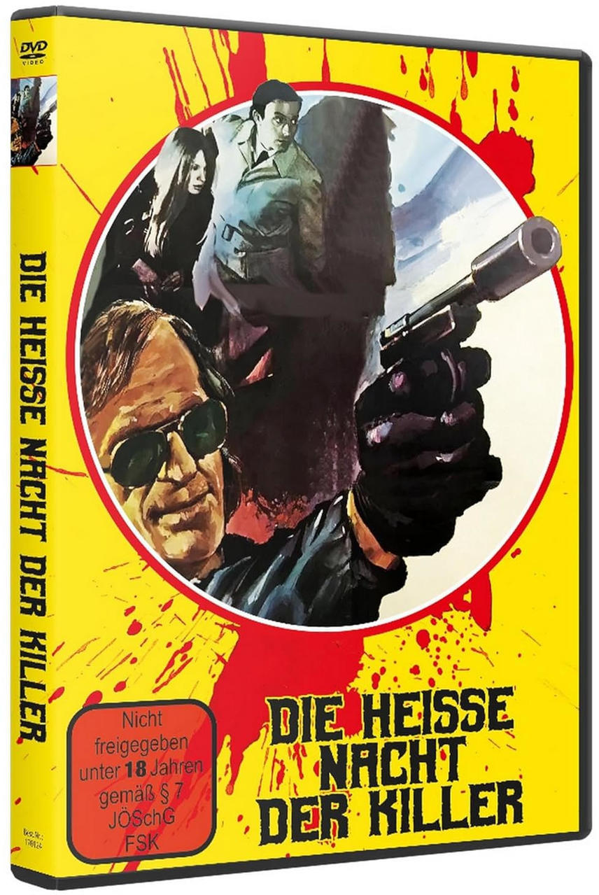 Ein DVD-Cover zeigt einen Mann mit einer Pistole, andere im Hintergrund. Titel: Die Heisse Nacht Der Killer. Gelbe und rote Farben.