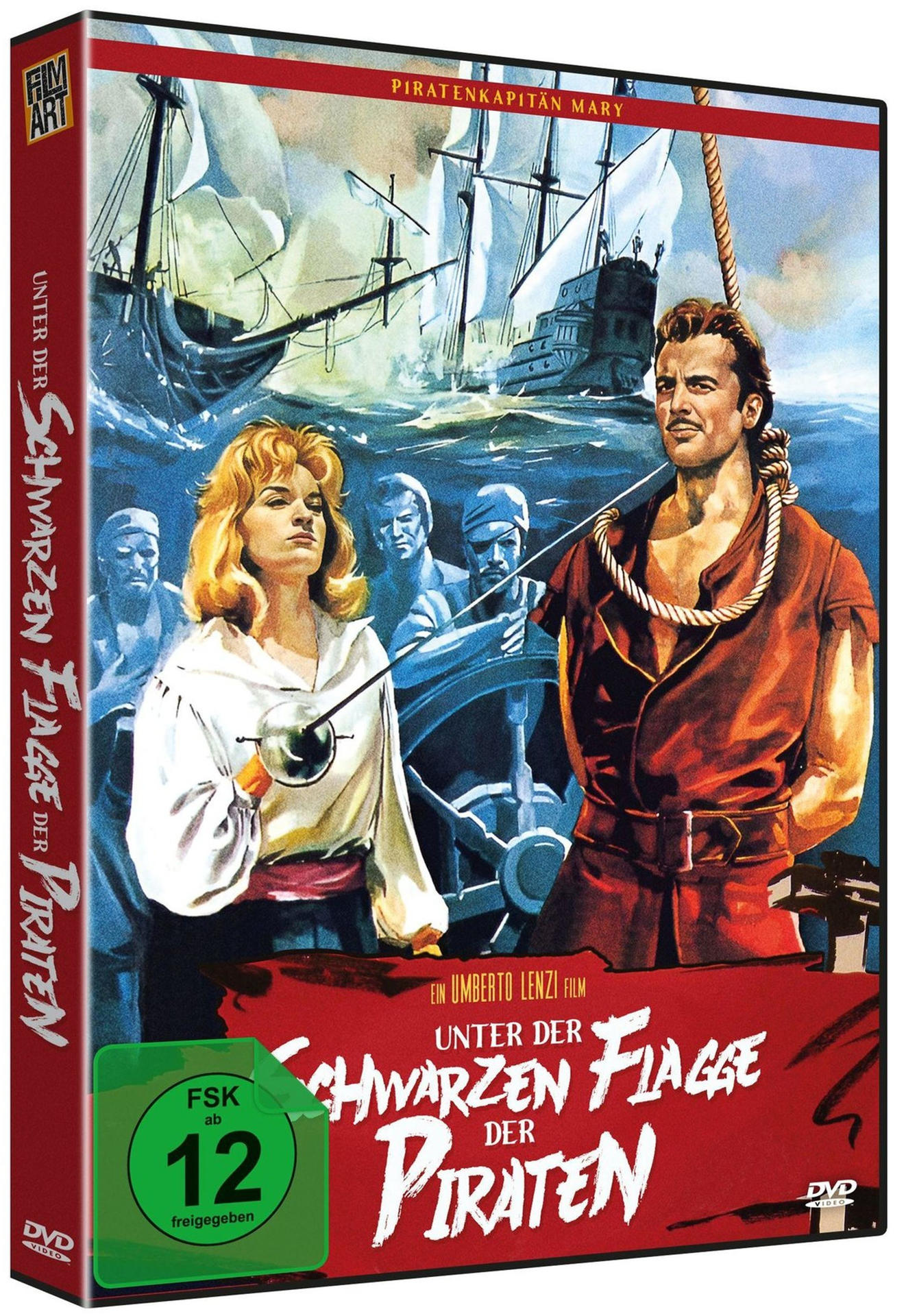 DVD-Cover eines Piratenfilms. Eine Frau mit Schwert und ein Mann mit Seil um den Hals stehen vor einem Schiffs-Hintergrund.