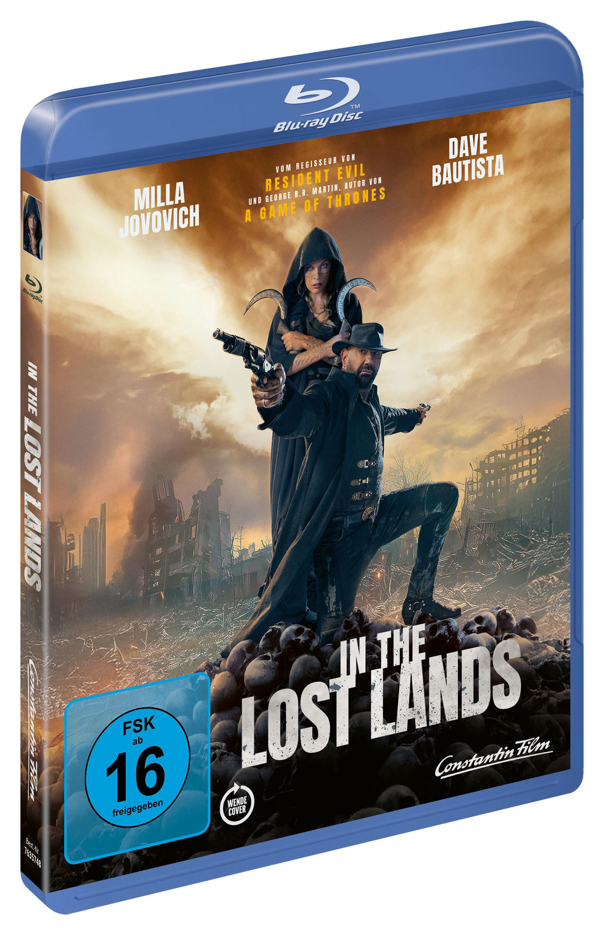 Blu-ray-Cover von 'In the Lost Lands'. Mit Milla Jovovich und Dave Bautista. Dunkles Fantasy-Thema mit Schädeln und Ruinen.