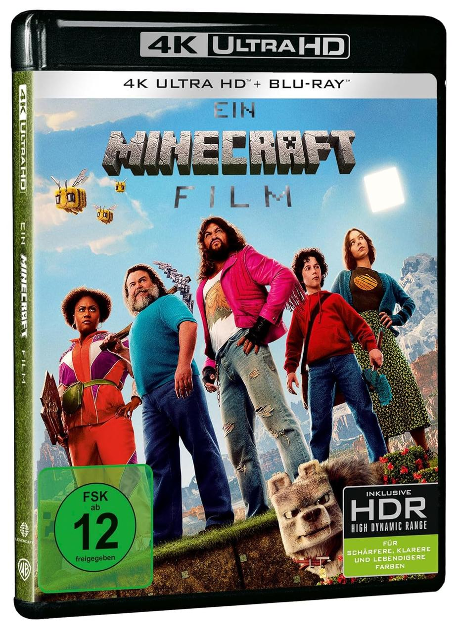 Filmcover mit der Besetzung von 'Minecraft Film', Bienen und einem bärenartigen Wesen. Der Titel steht über den Schauspielern auf blauem Himmel.