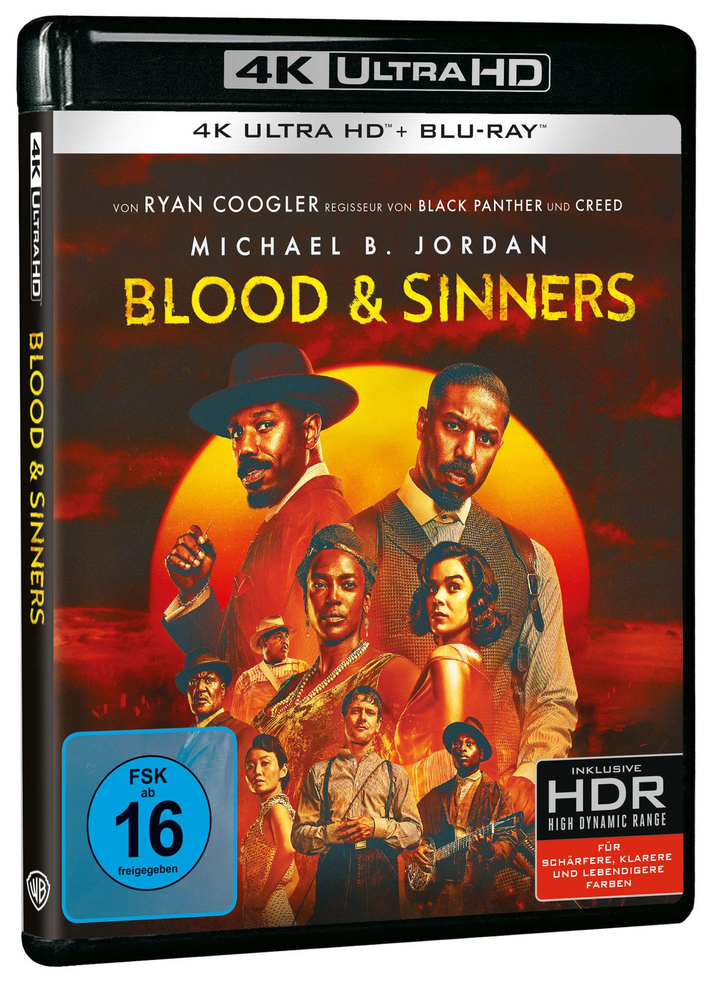 Filmcover. Michael B. Jordan im Zentrum. Der Titel lautet Blood & Sinners. Hintergrund ist ein Sonnenuntergang mit anderen Schauspielern.