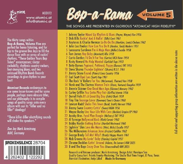 Albumcover mit Text. Titel: Bop-a-Rama Volume 5. Listet Songs und Künstlernamen auf. Hintergrund ist gelb und weinrot.