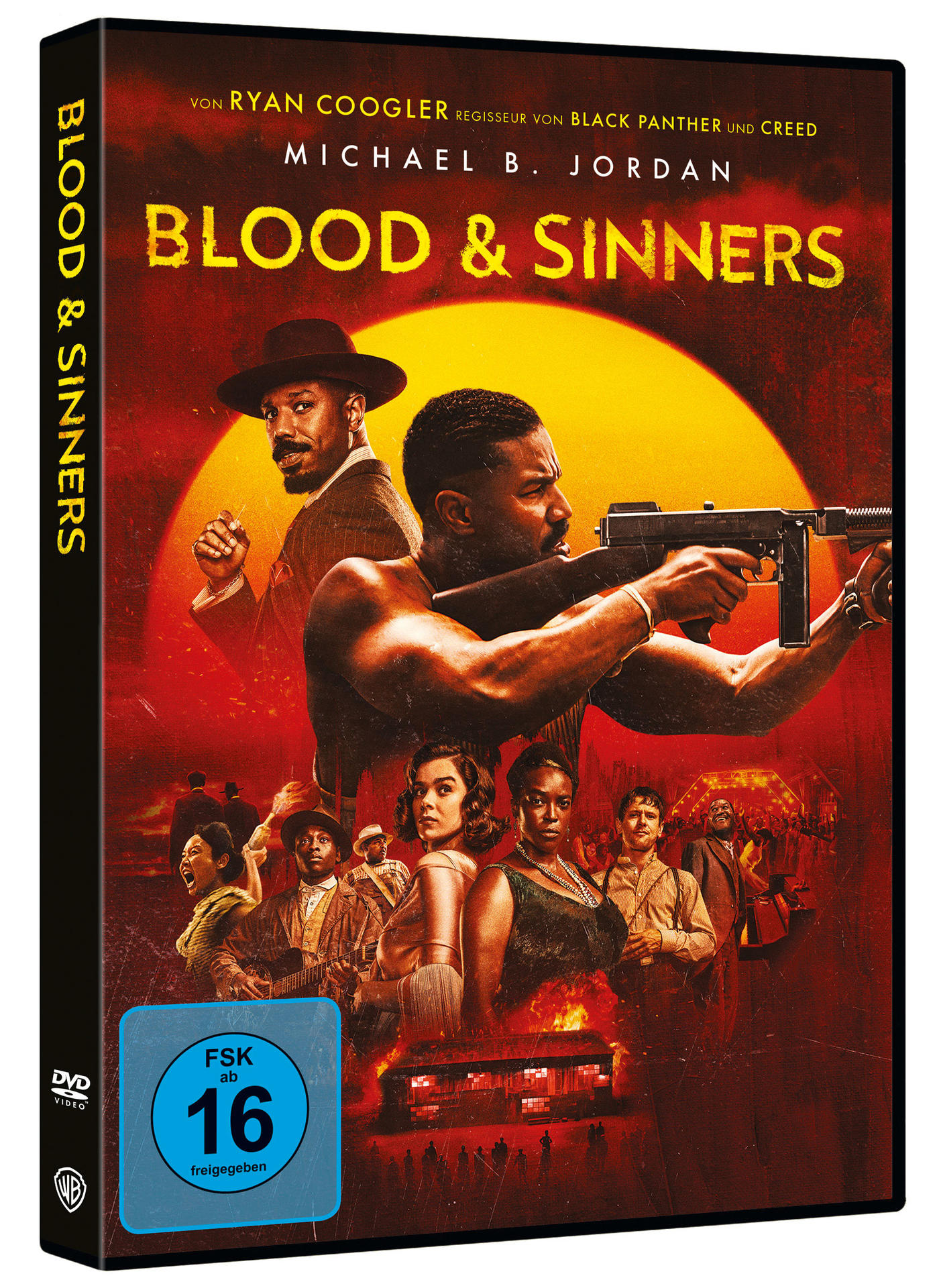 Filmplakat mit dem Titel 'Blood & Sinners'. Michael B. Jordan hält eine Waffe. Andere Schauspieler und eine gelbe Sonne im Hintergrund.