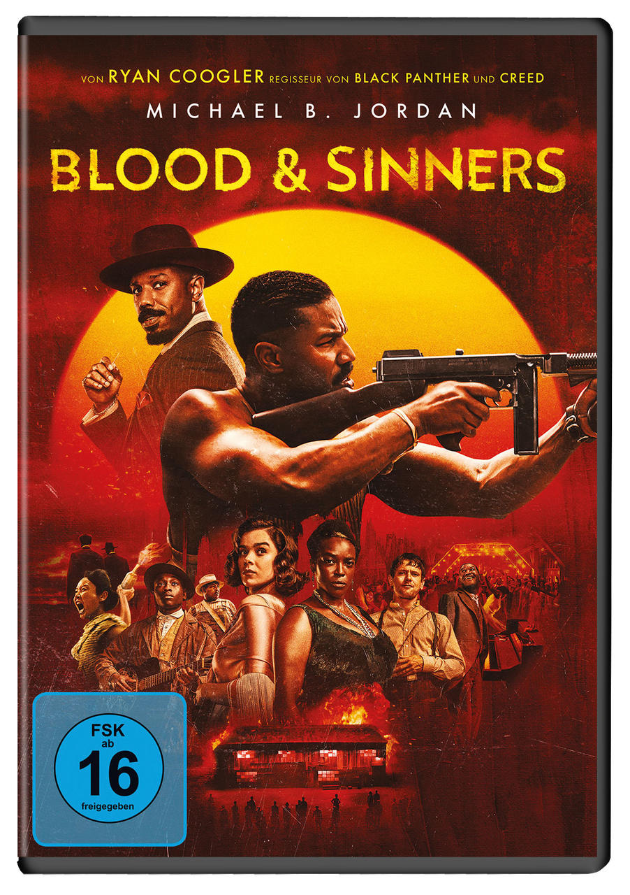 Poster für Blood & Sinners. Michael B. Jordan hält eine Waffe. Andere Charaktere sind im Hintergrund. Roter und gelber Hintergrund.