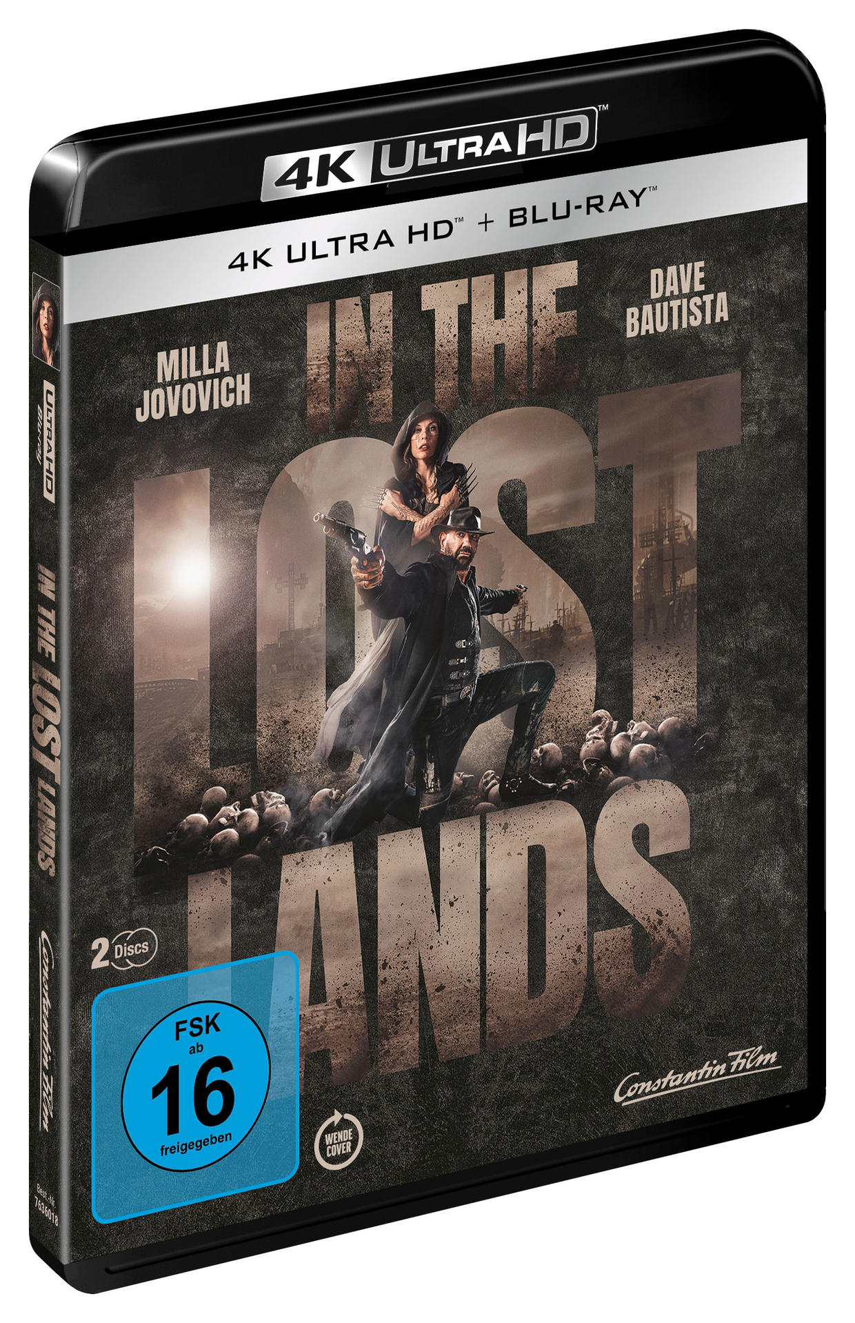 Filmcover: Milla Jovovich und Dave Bautista in "In the Lost Lands". Blu-ray und 4K Ultra HD. Enthält eine FSK-16-Bewertung.