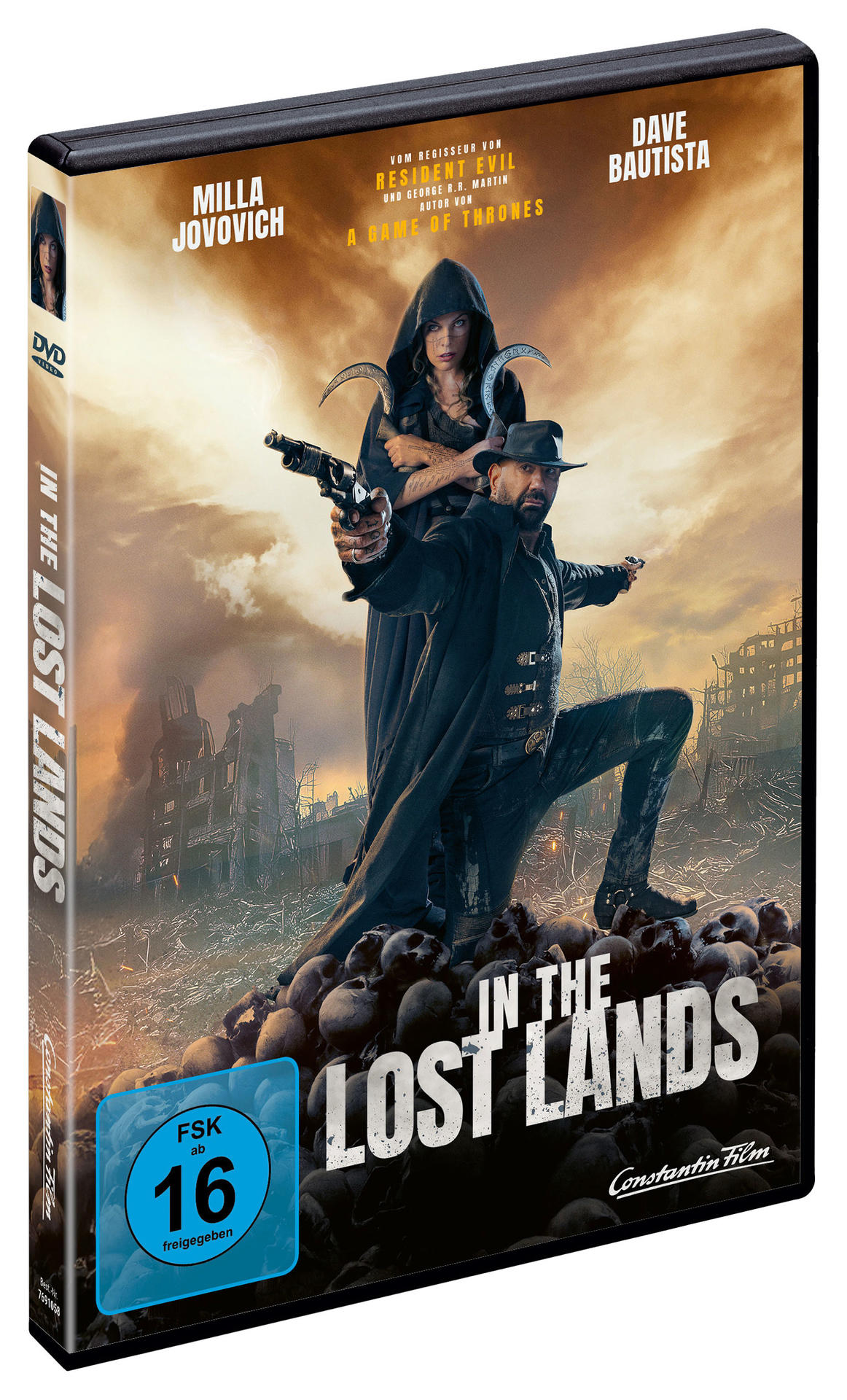 DVD-Cover: Milla Jovovich und Dave Bautista in einem Filmplakat für 'In the Lost Lands'. Charaktere halten Waffen, Schädel im Vordergrund.
