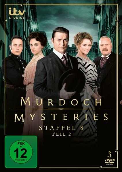 DVD-Cover für Murdoch Mysteries, Staffel 8. Fünf Personen stehen vor einer Stadtkulisse. Der Text lautet 'Staffel 8, Teil 2'.