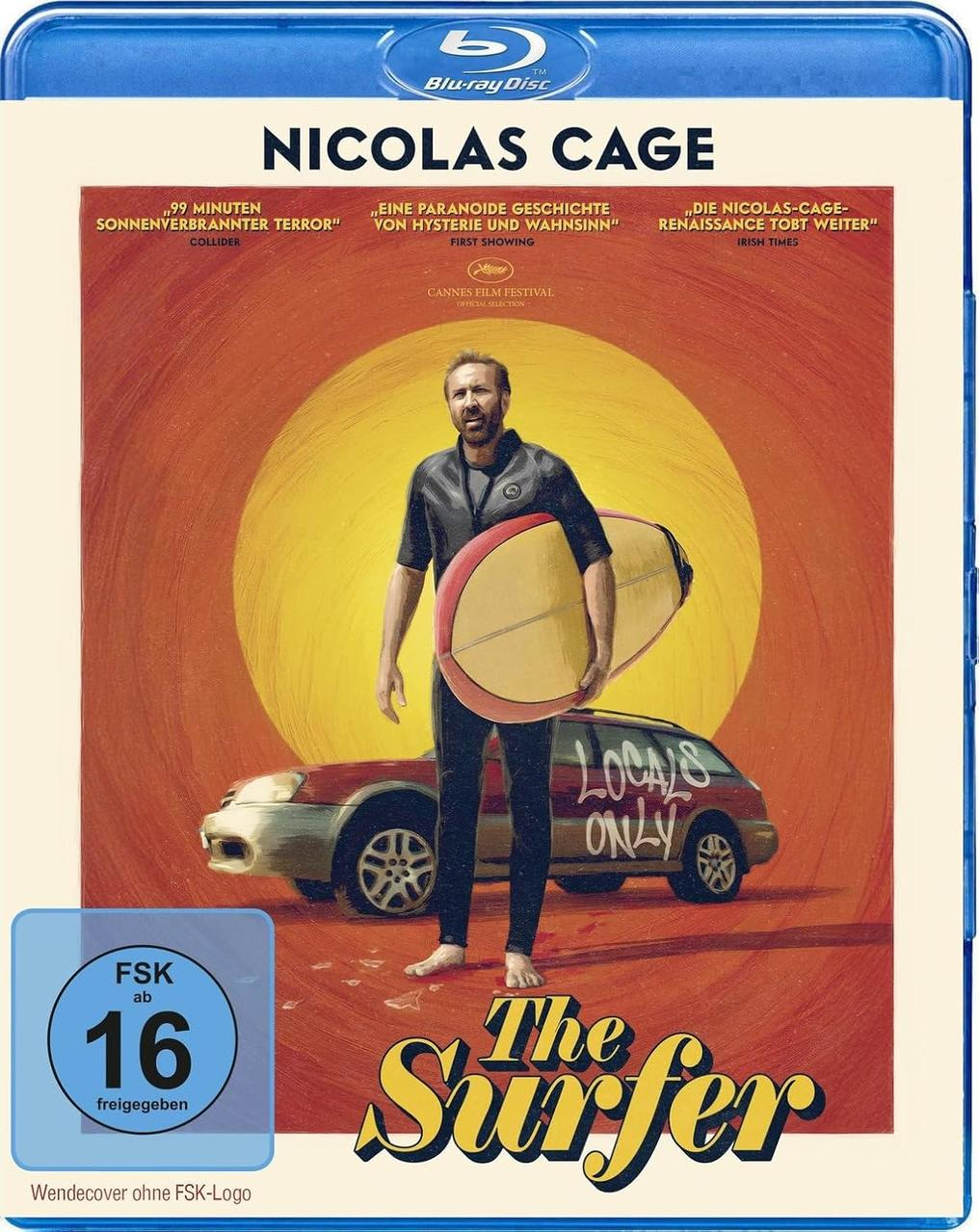 Nicolas Cage hält ein Surfbrett. Ein Auto und eine Sonne sind im Hintergrund. Blu-ray-Disc-Cover für "The Surfer".