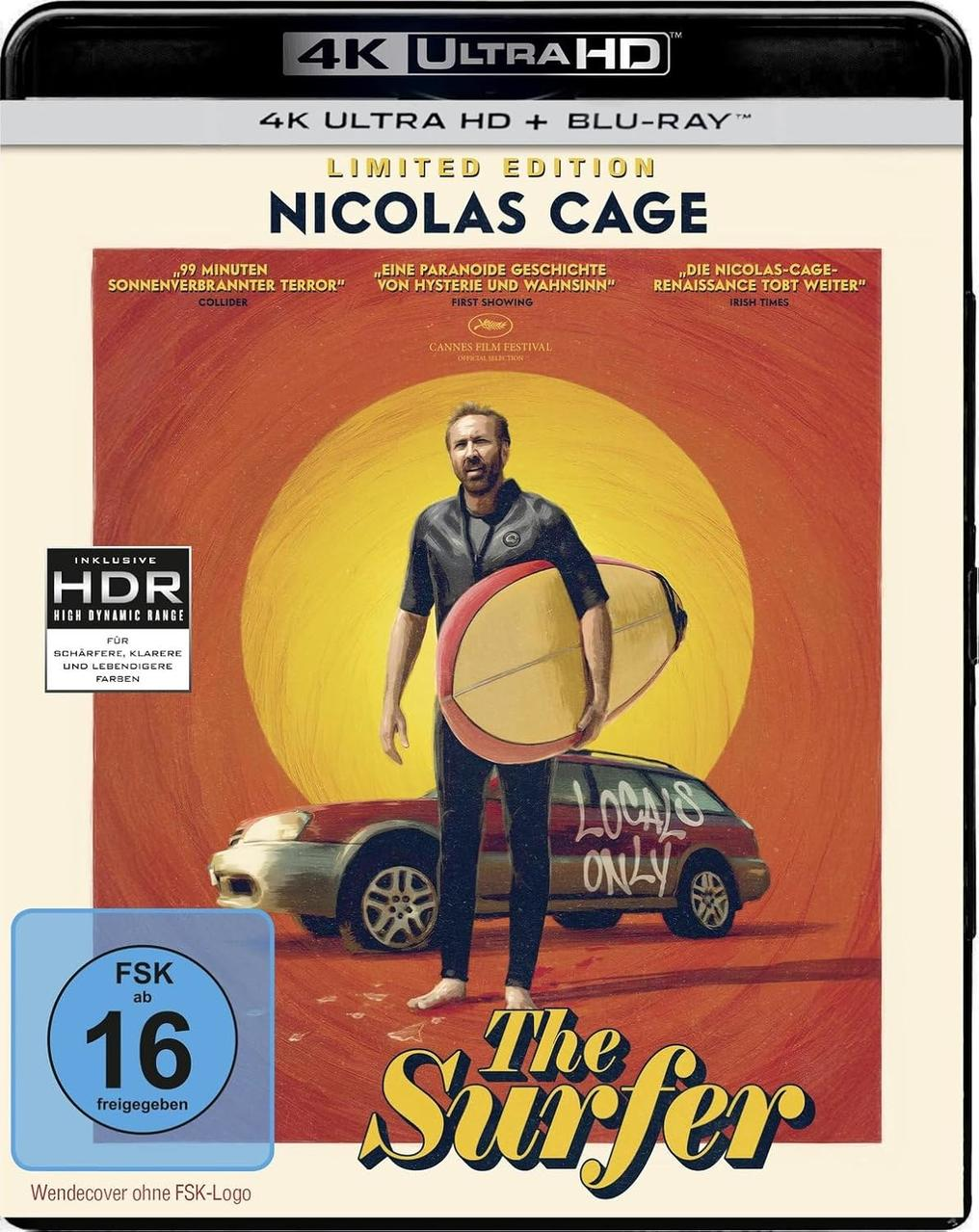 Filmcover. Nicolas Cage hält ein Surfbrett. Ein Auto mit Locals Only ist hinter ihm. Text enthält The Surfer und FSK ab 16.