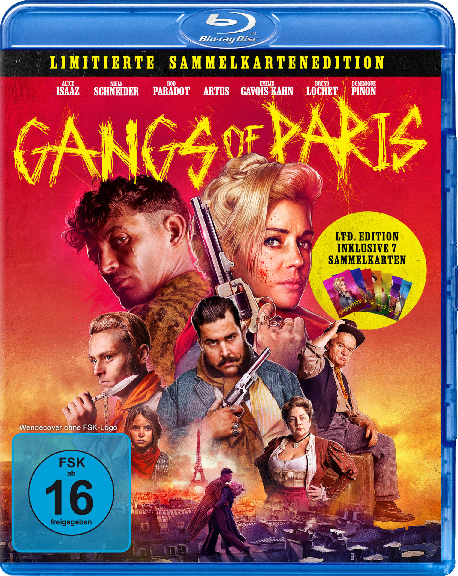 Blu-ray-Cover für Gangs of Paris mit Schauspielern, Waffen und Stadtlandschaft. Ein roter und gelber Hintergrund mit Text auf Deutsch.