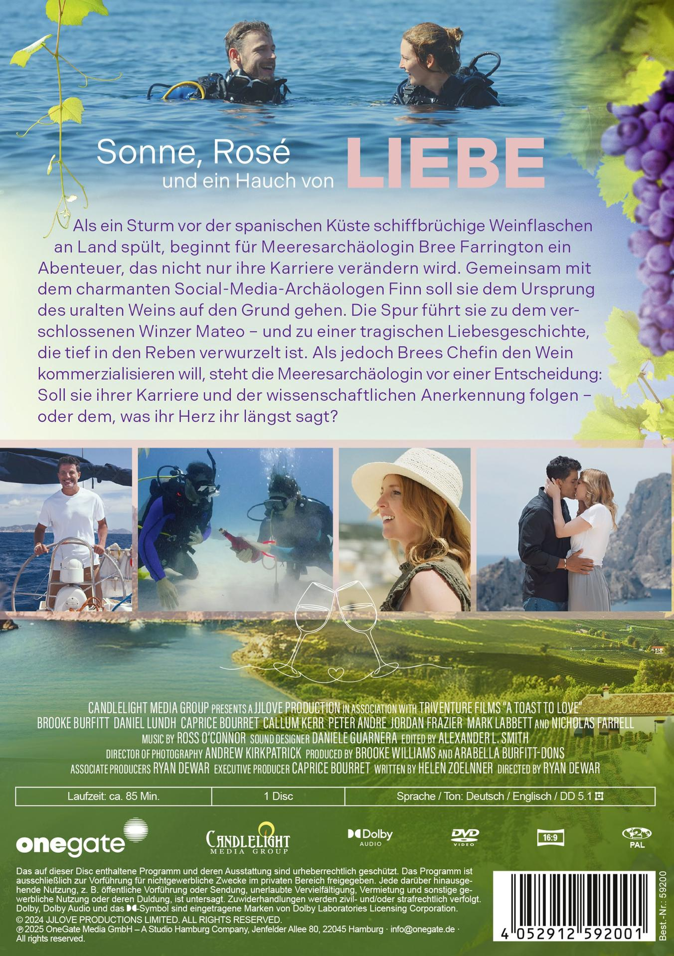 Filmposter zeigt Taucher, Weingläser und ein küssendes Paar. Text lautet 'Sonne, Rose und ein Hauch von Liebe'.