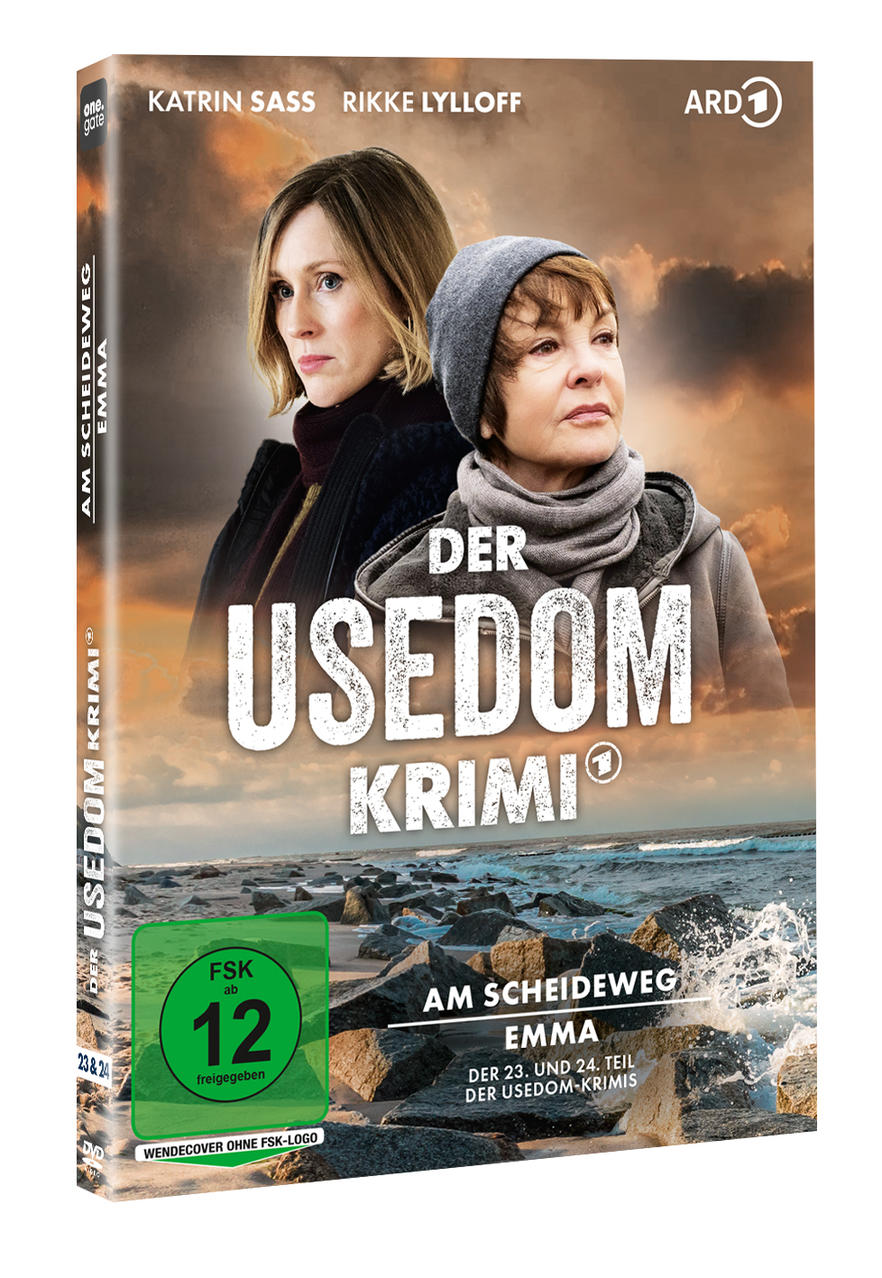 DVD-Cover mit zwei Frauen, Katrin Sass und Rikke Lylloff, und dem Titel "Der Usedom Krimi". Hintergrund zeigt eine Strandszene.