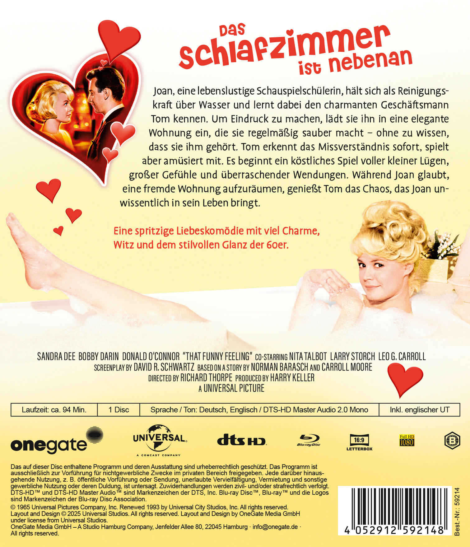Filmcover: Ein Paar in einem Herzen, eine Frau in einer Badewanne, Text auf Deutsch und Englisch.