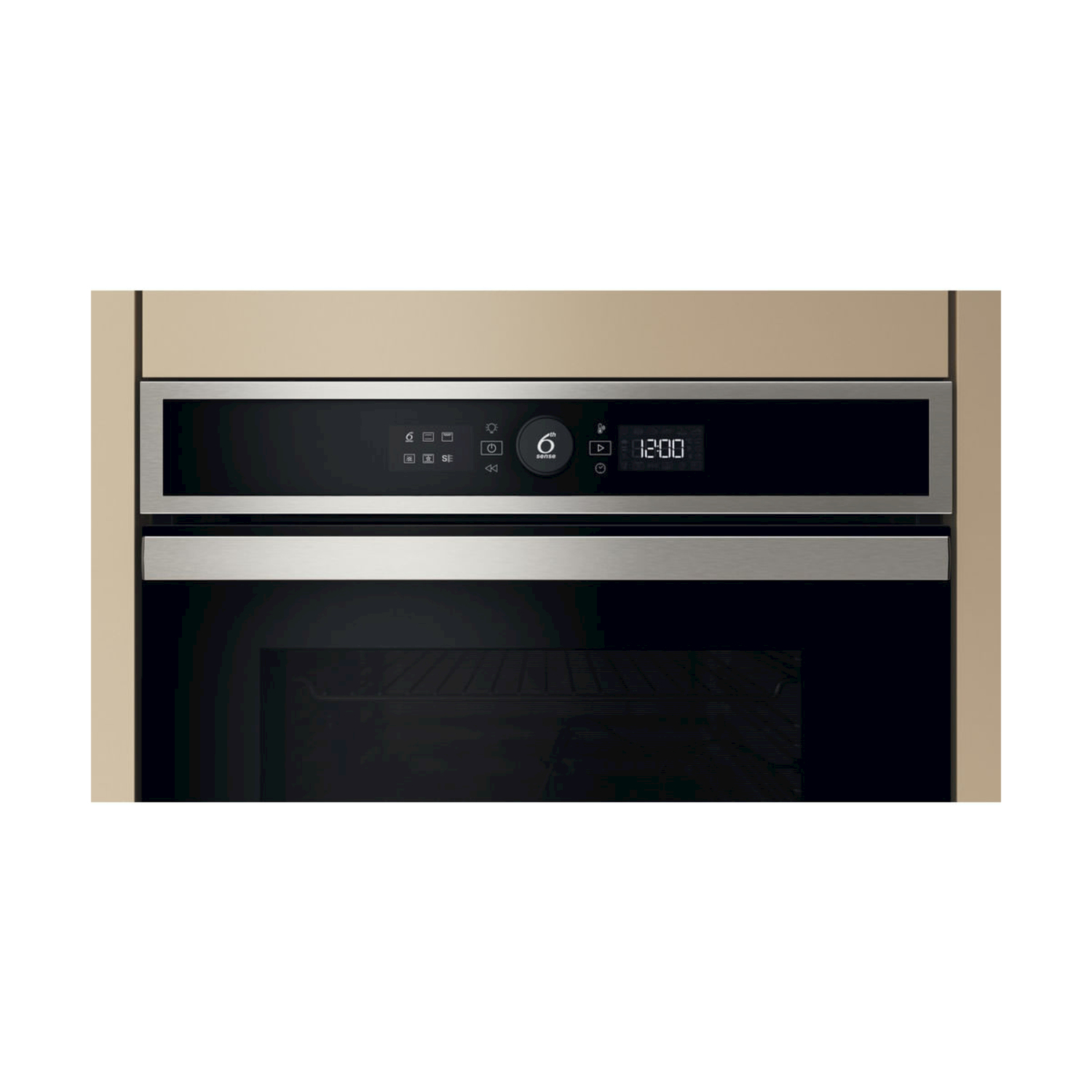 Forno a incasso con display digitale che mostra le 12:00. Design in acciaio inox e nero. Cornice beige che circonda il forno.