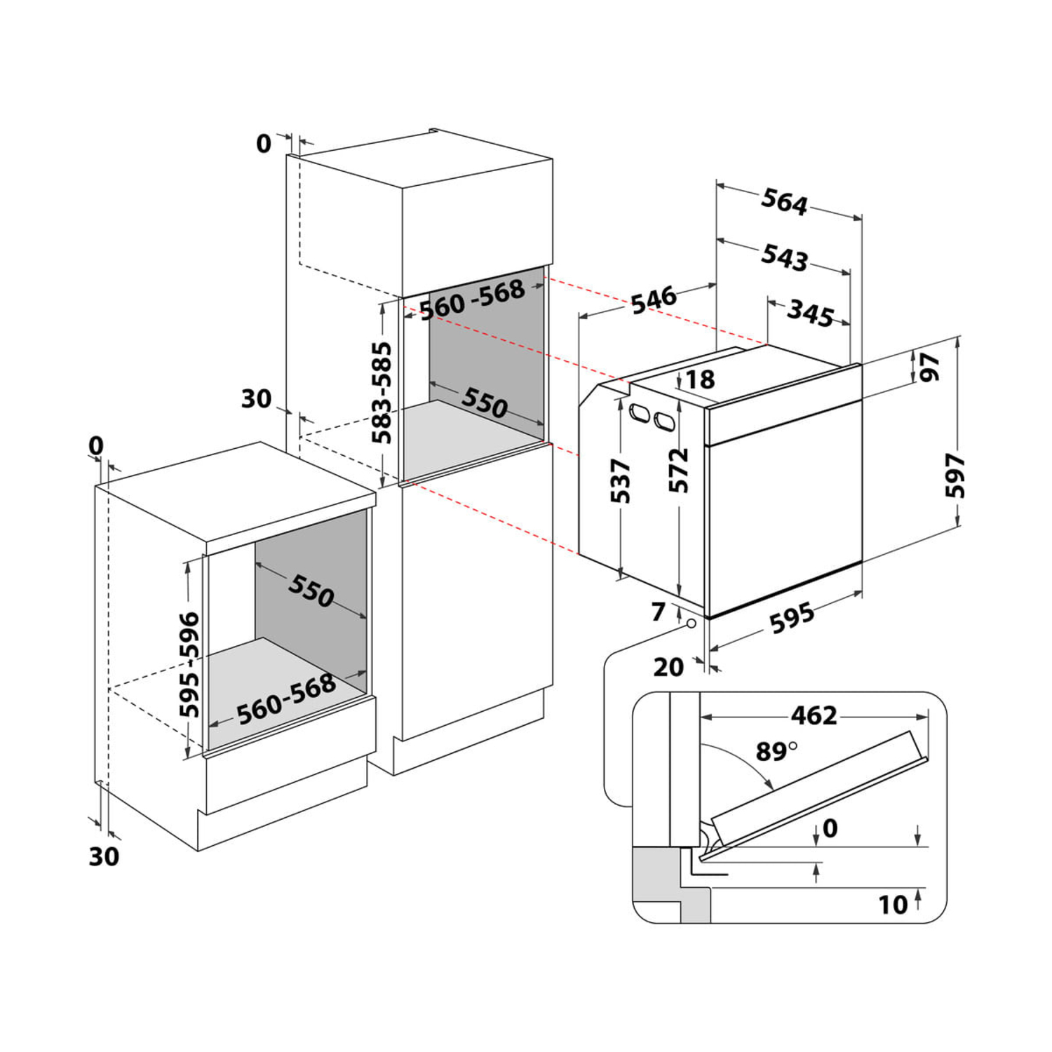 Un'illustrazione di un forno e un microonde ad incasso con dimensioni. L'immagine include diagrammi e misure per l'installazione.