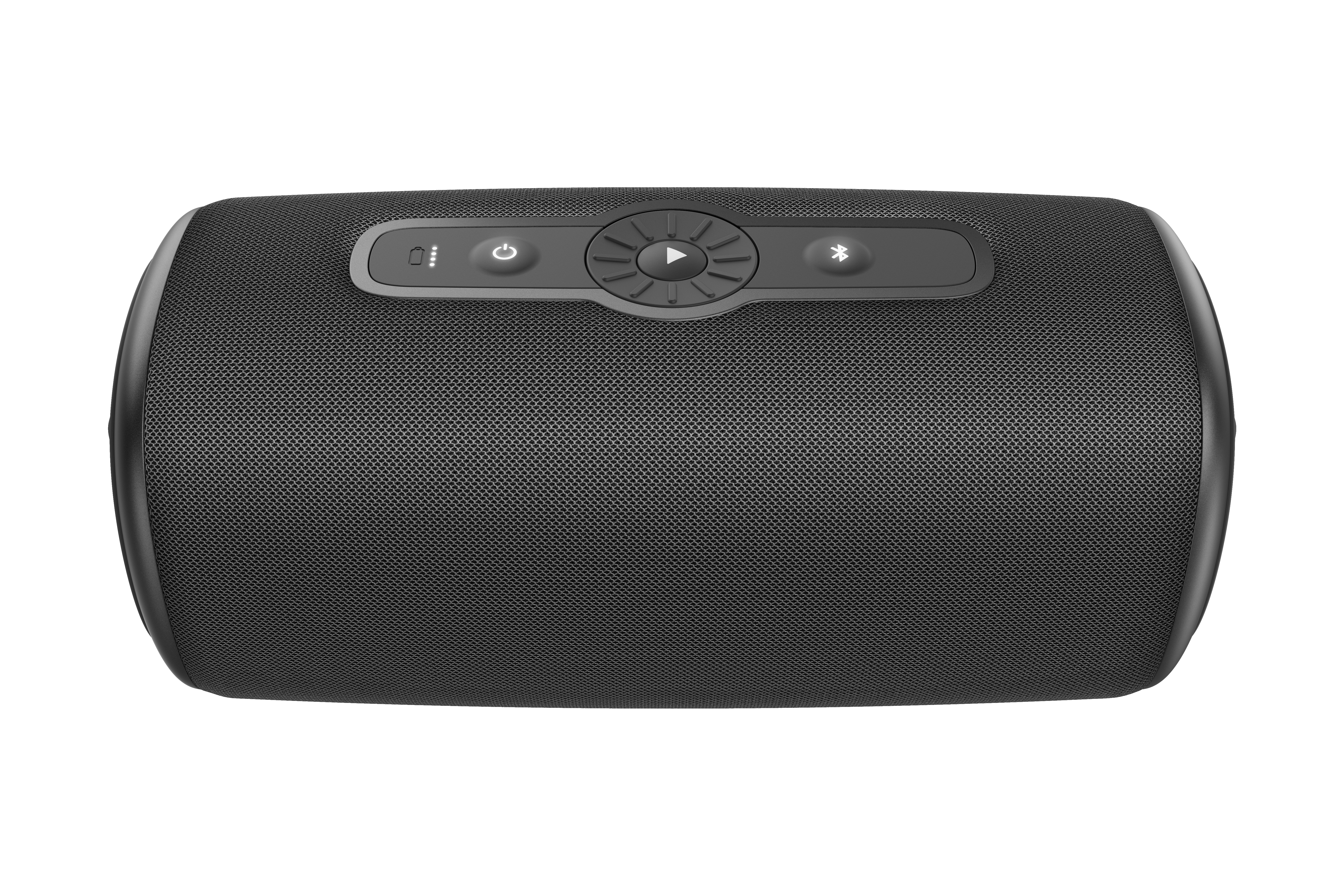 Kontrol düğmeleri olan siyah hoparlör. Düğmeler arasında güç, oynatma ve Bluetooth bulunur. Hoparlörün örgü dokusu vardır.