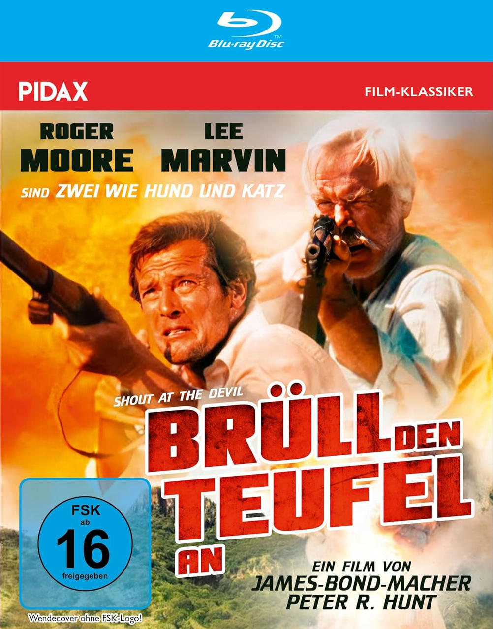Filmcover: Roger Moore und Lee Marvin. Titel: Shout at the Devil. Deutscher Text: Brüll den Teufel an. Blu-ray Disc. FSK 16.