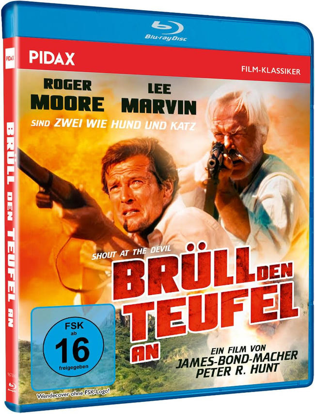 Blu-ray-Cover für 'Brüll den Teufel' mit Roger Moore und Lee Marvin. Roter Titeltext und Schauspielernamen sind hervorgehoben.