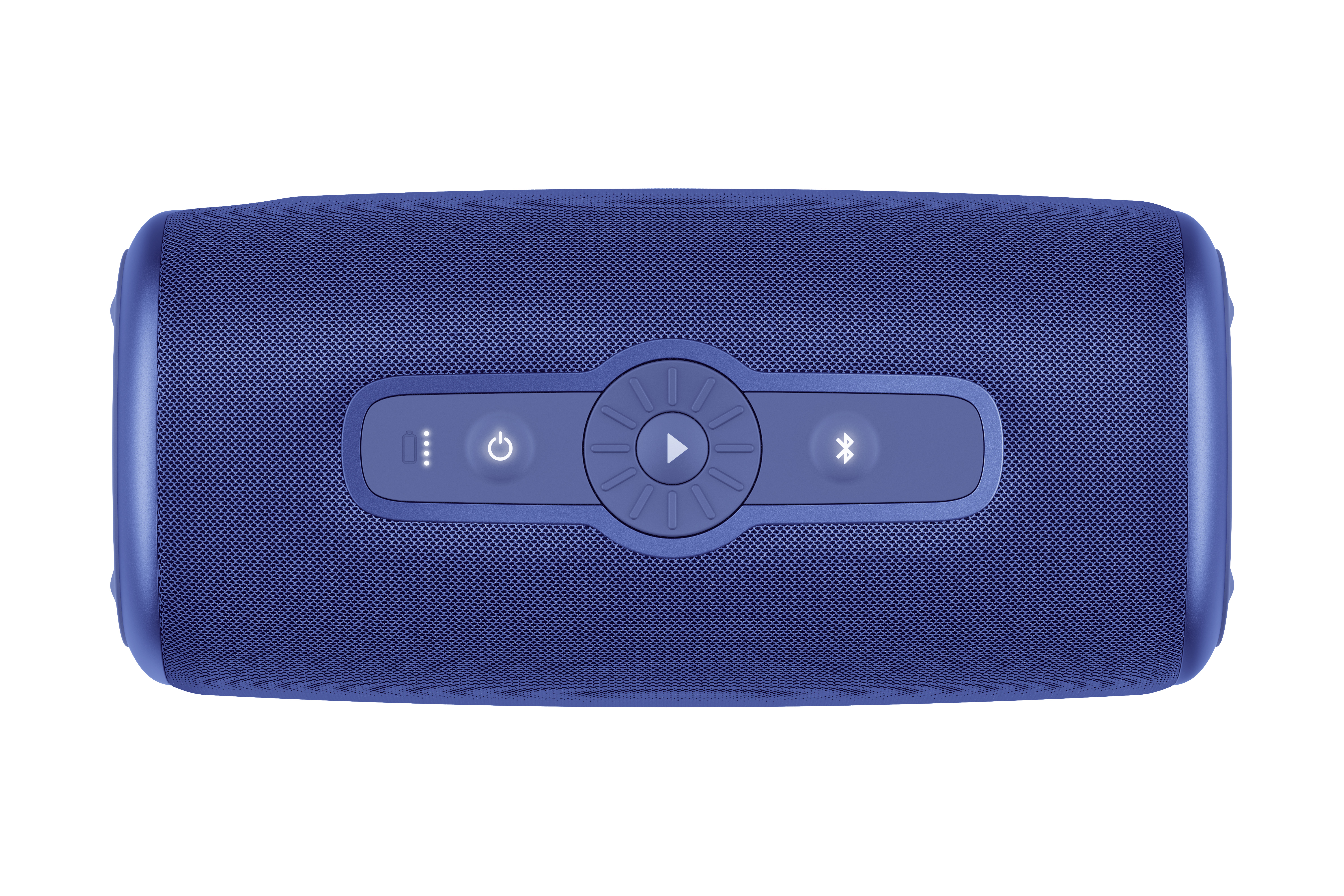 Beyaz zemin üzerinde, oynat/duraklat, güç ve Bluetooth sembolleri dahil kontrol düğmeleri olan mavi bir hoparlör.