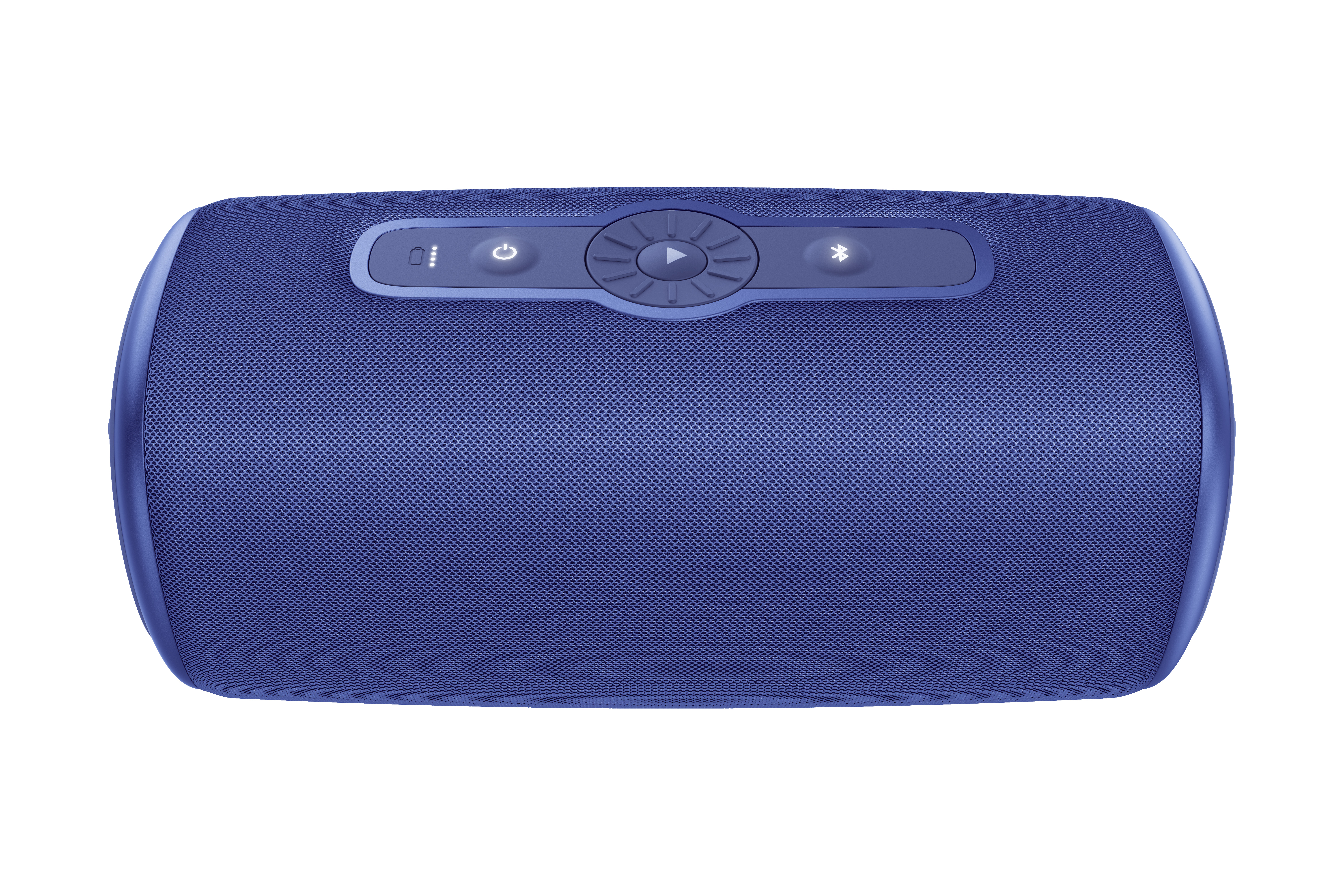 Üstünde düğmeler bulunan mavi bir hoparlör. Örgü benzeri bir dokuya sahiptir. Düğmeler arasında güç, oynat ve Bluetooth bulunur.