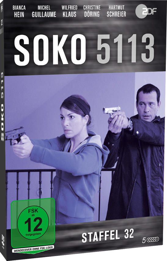 DVD-Cover für SOKO 5113. Zwei Personen richten Waffen. Text enthält Namen der Darsteller, Serientitel und Staffel 32. Eine Altersfreigabe ist zu sehen.