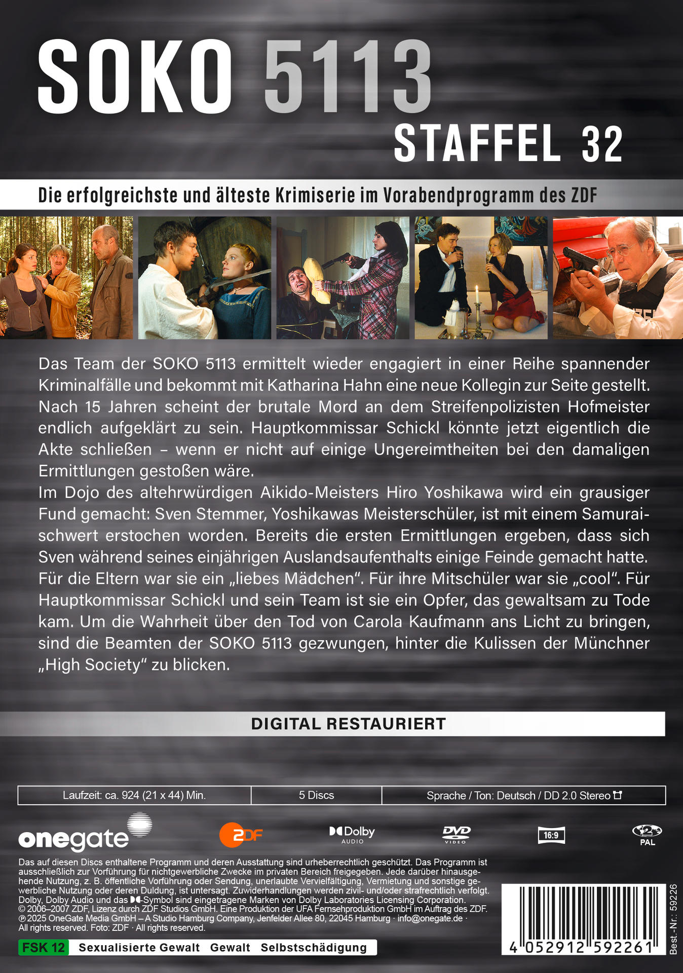 Poster für SOKO 5113 Staffel 32. Zeigt Darsteller, Text und Logos wie ZDF und Dolby.