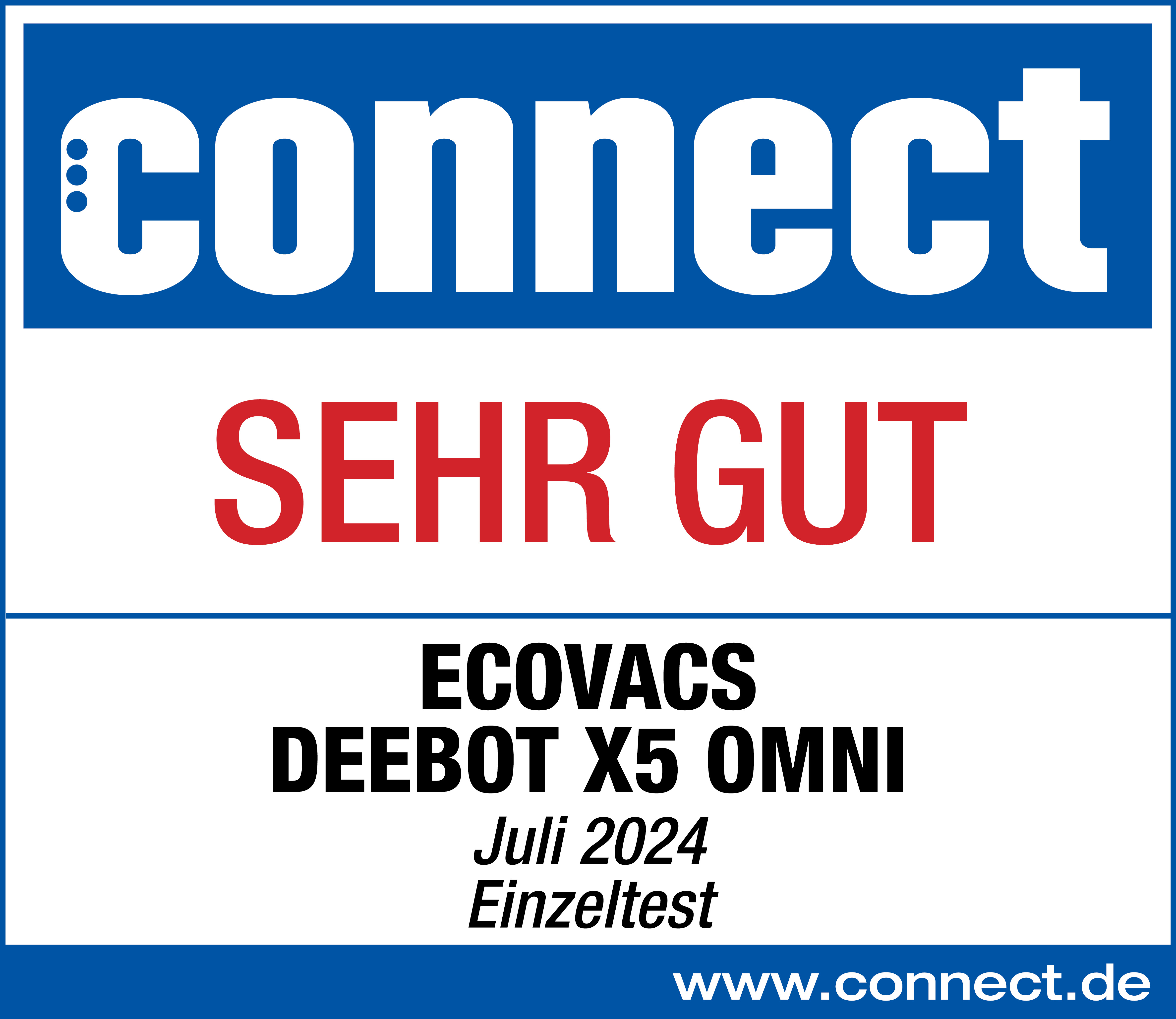 Bild zeigt ein weißes Logo mit dem Wort 'connect' und 'SEHR GUT' in Rot. Es bewirbt den ECOVACS DEEBOT X5 OMNI.