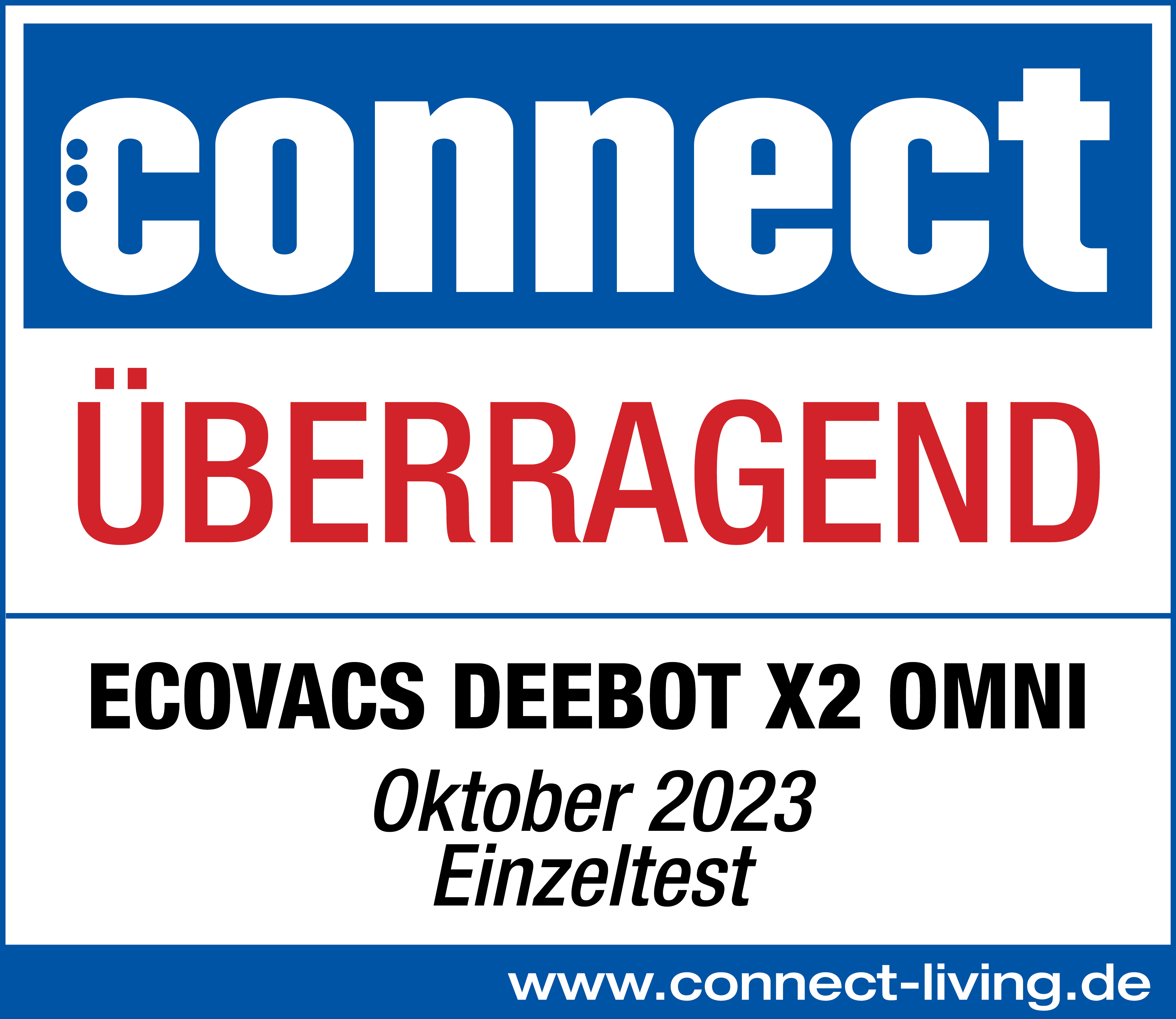 Das Bild ist eine Produktwerbung. Es zeigt das Wort "connect", das Wort "ÜBERRAGEND" und "ECOVACS DEEBOT X2 OMNI".