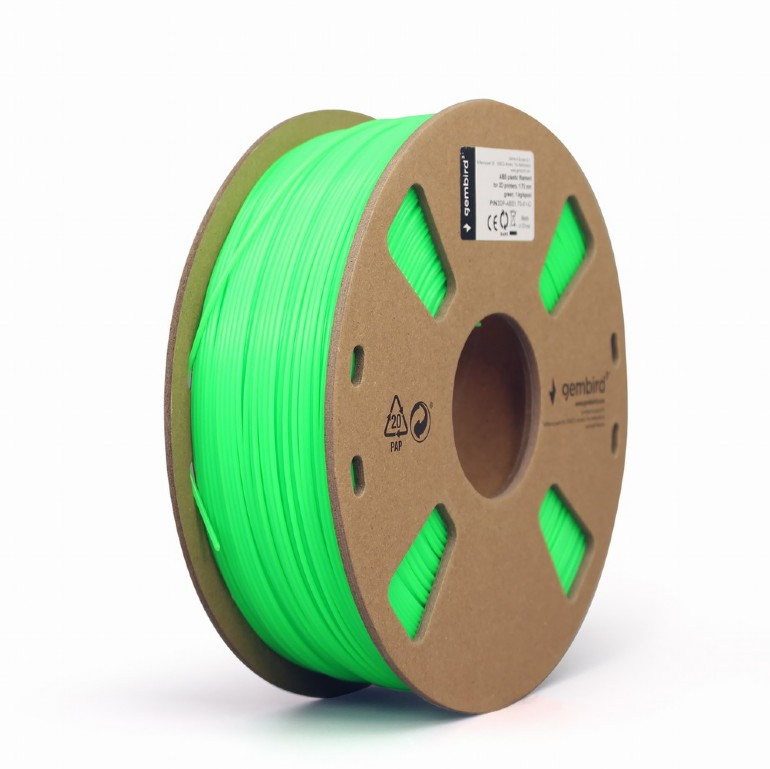 Egy élénkzöld 3D nyomtató filament tekercs. A tekercs barna kartonból van. A háttér fehér.