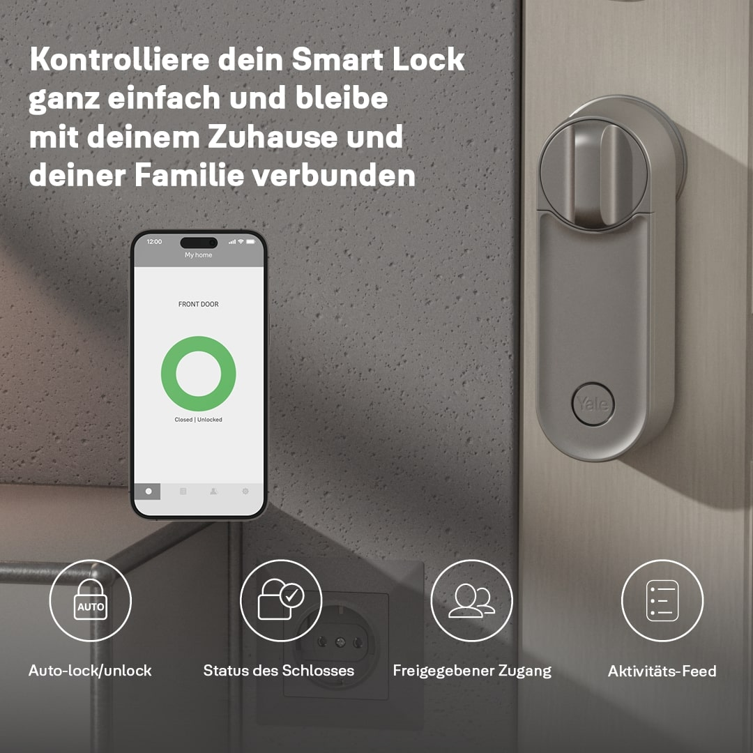 Das Bild zeigt ein Smart Lock mit einem Telefon, das seinen Status anzeigt. Symbole stehen für Auto-Lock, Status, Zugriff und Aktivitäts-Feed.