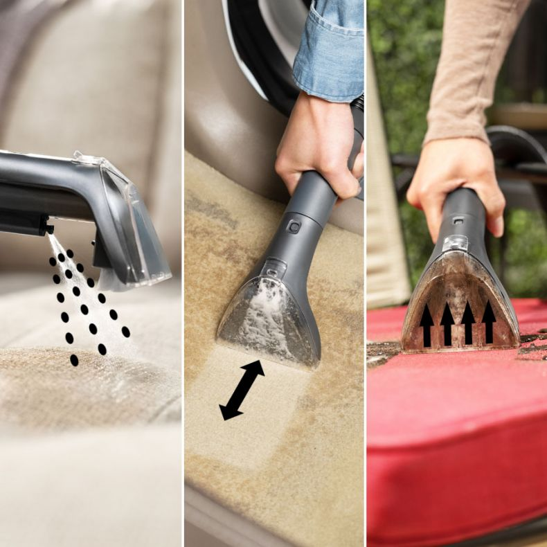 Osoba używa odkurzacza ręcznego na beżowej tapicerce, siedzeniu samochodowym i czerwonej poduszce, każdy z różnymi wzorami.