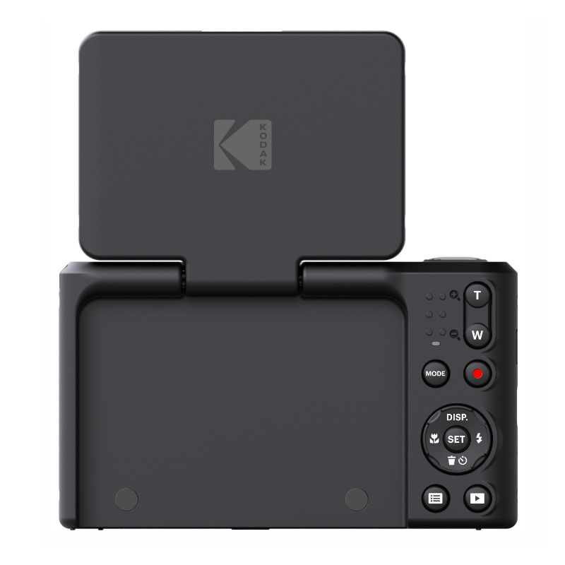 Fekete Kodak digitális fényképezőgép, nyitott képernyővel. Jobb oldali gombok: zoom, mód, kijelző, beállítás, menü. Piros felvétel gomb.