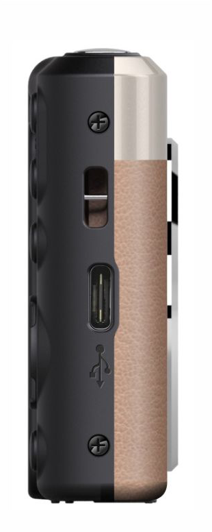 Fekete és barna bőrtextúrájú eszköz oldala. USB-port, csavarok és fém felső rész látható.