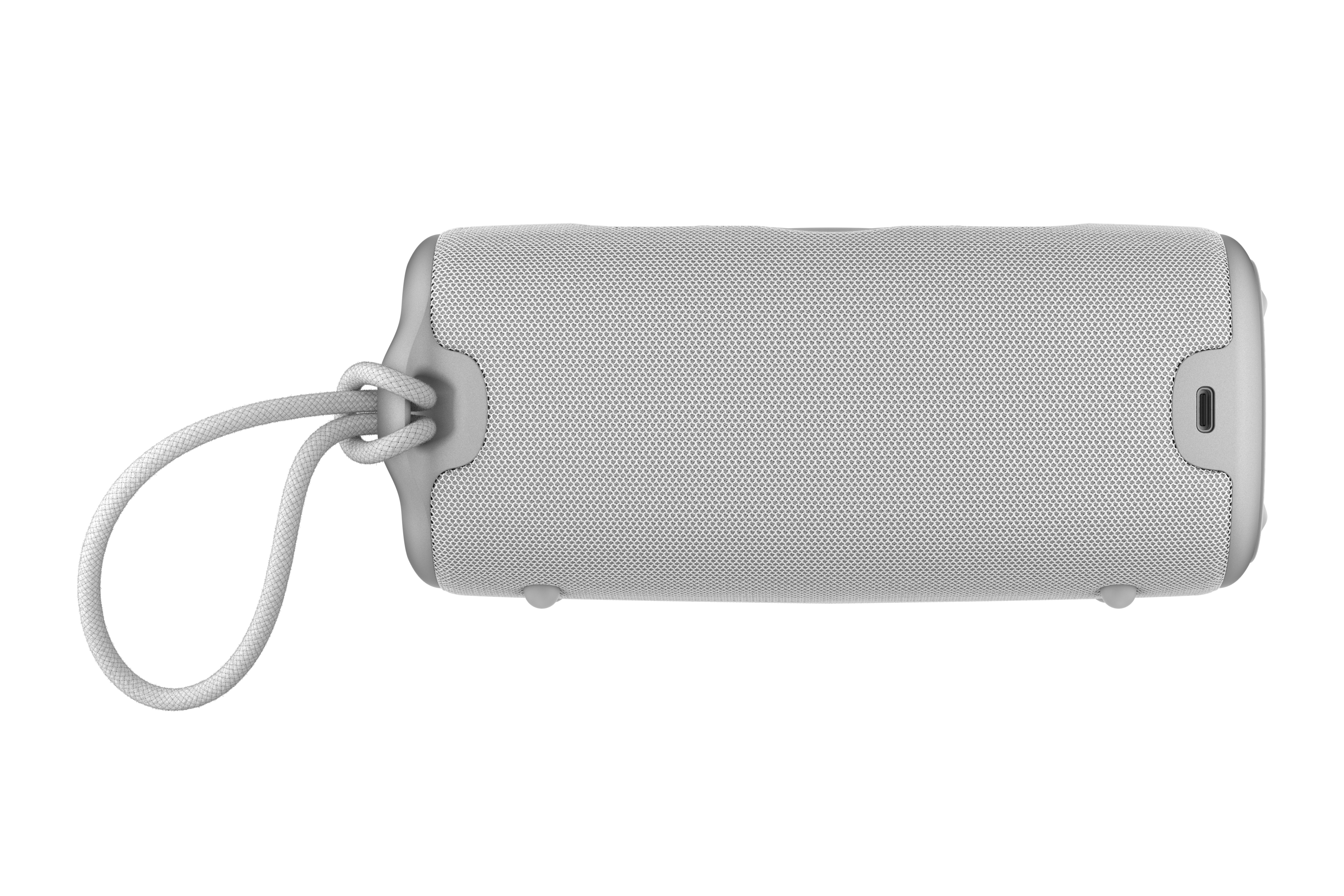 Beyaz bir taşınabilir hoparlör, saplı. File ön yüzü ve USB portu vardır. Arka plan beyazdır.