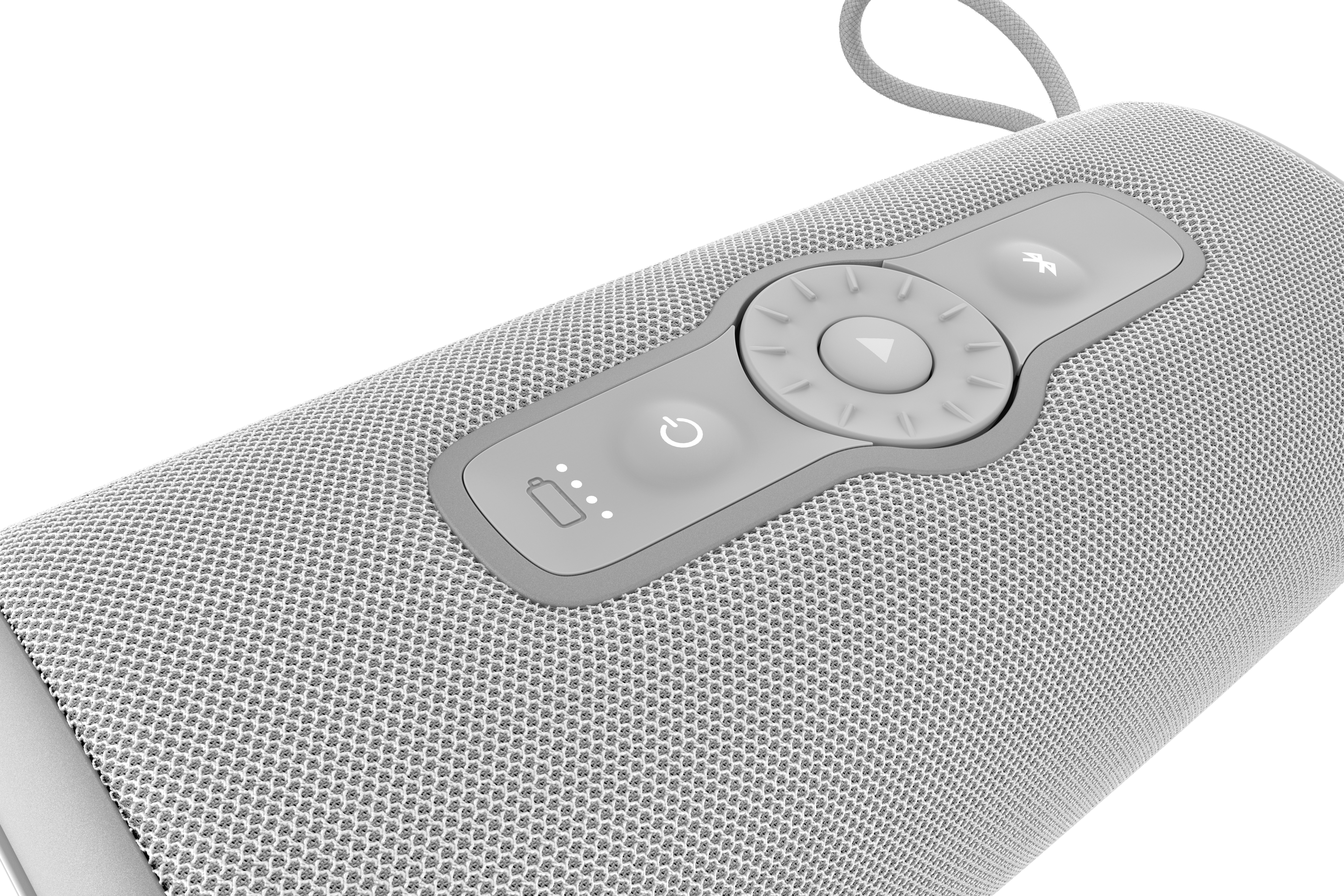 Kontrol düğmeleri olan gri bir hoparlör. File dokusu, açma/kapama, Bluetooth ve ses düğmeleri. Güç göstergeleri mevcut.