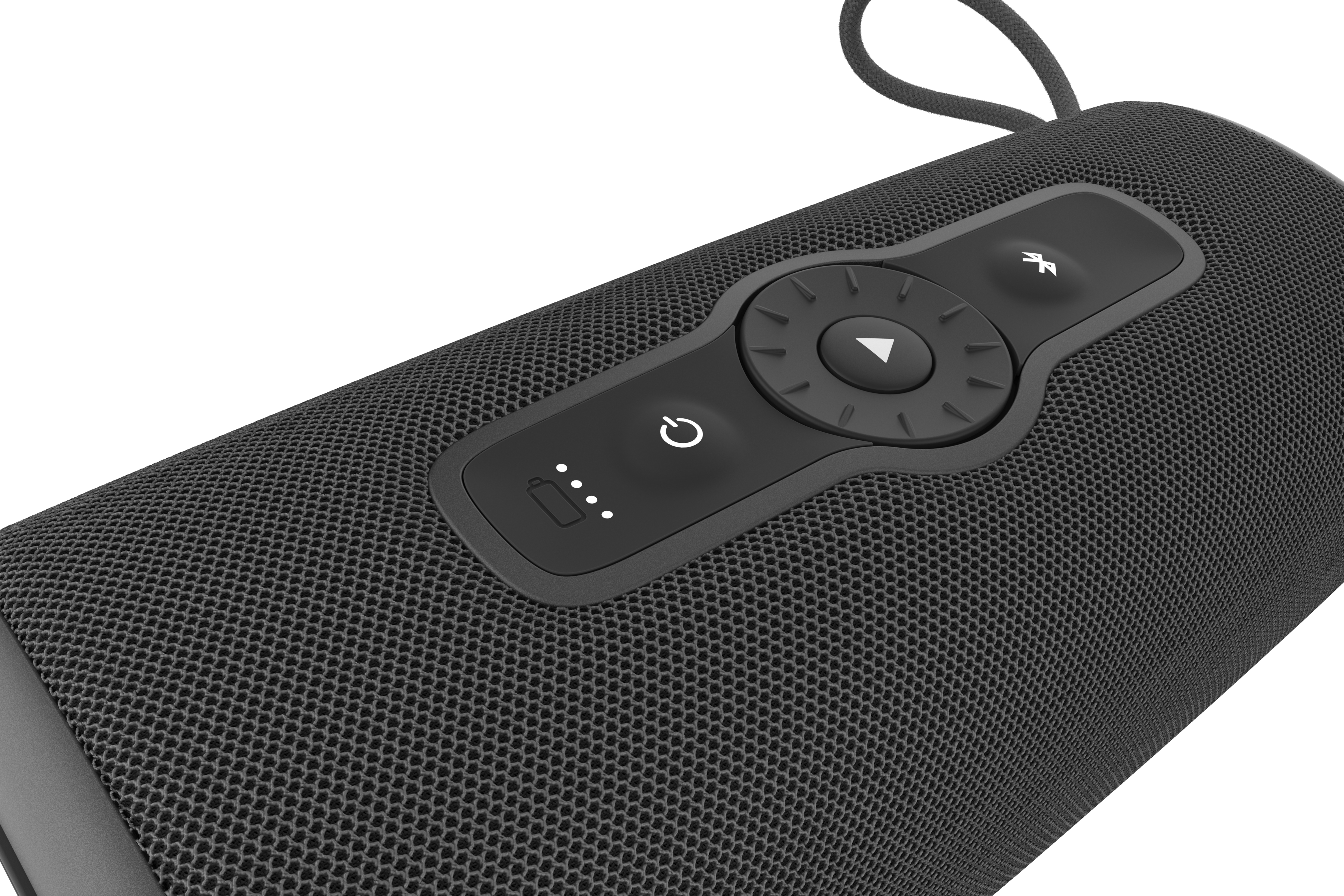 Siyah hoparlörün yakın çekimi. Kontroller: güç, Bluetooth, ses düzeyi ve pil göstergesi. Dokuma doku.