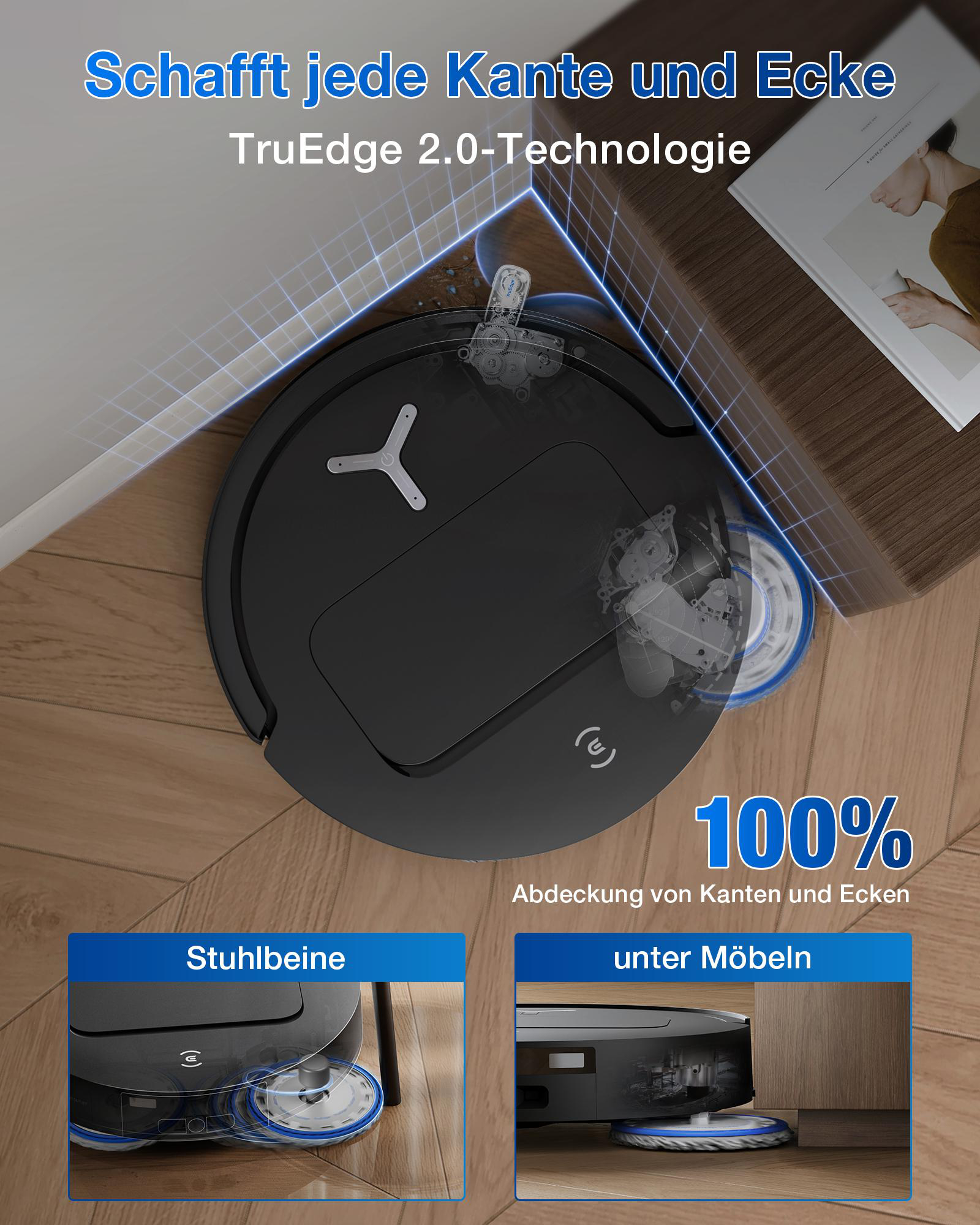 Schwarzer Roboterstaubsauger auf Holzboden. Text zeigt '100% Abdeckung' und 'TruEdge 2.0'.