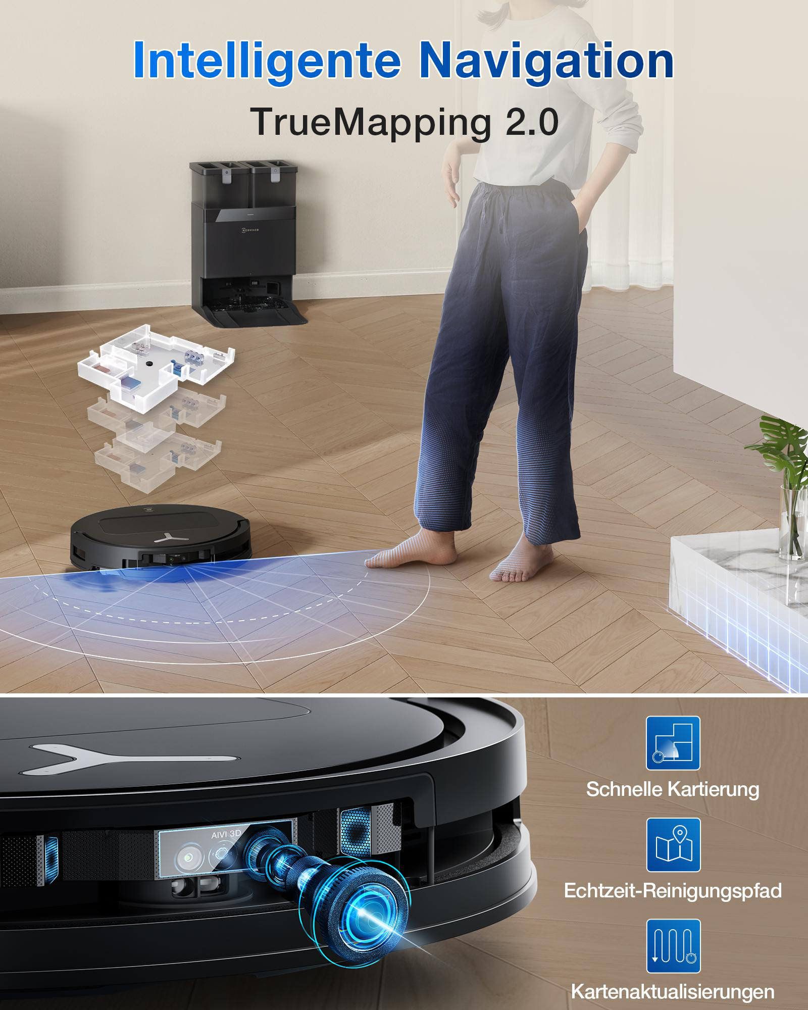 Eine Person steht in der Nähe eines Roboter-Staubsaugers. Das Bild zeigt Navigationstechnologie mit detaillierter Ansicht des Geräts.