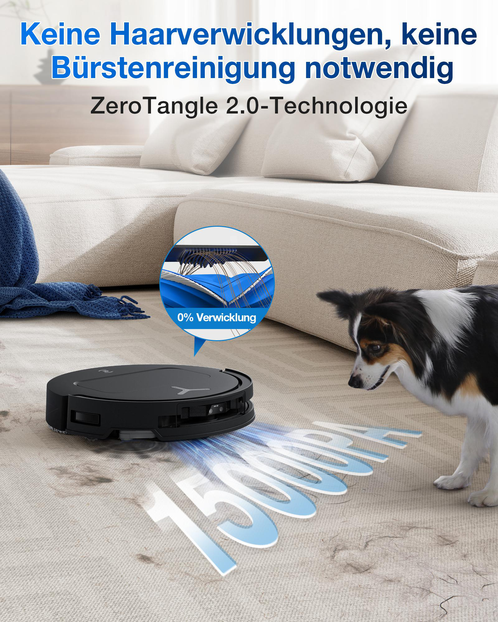 Ein schwarzer Roboter-Staubsauger auf einem Teppich, ein Hund beobachtet ihn. Text sagt 'ZeroTangle 2.0-Technologie'.