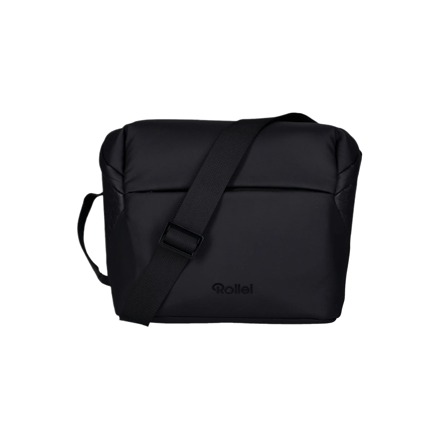 Un sac messager noir avec une bandoulière et le logo Rollei en bas. Le fond est entièrement noir.